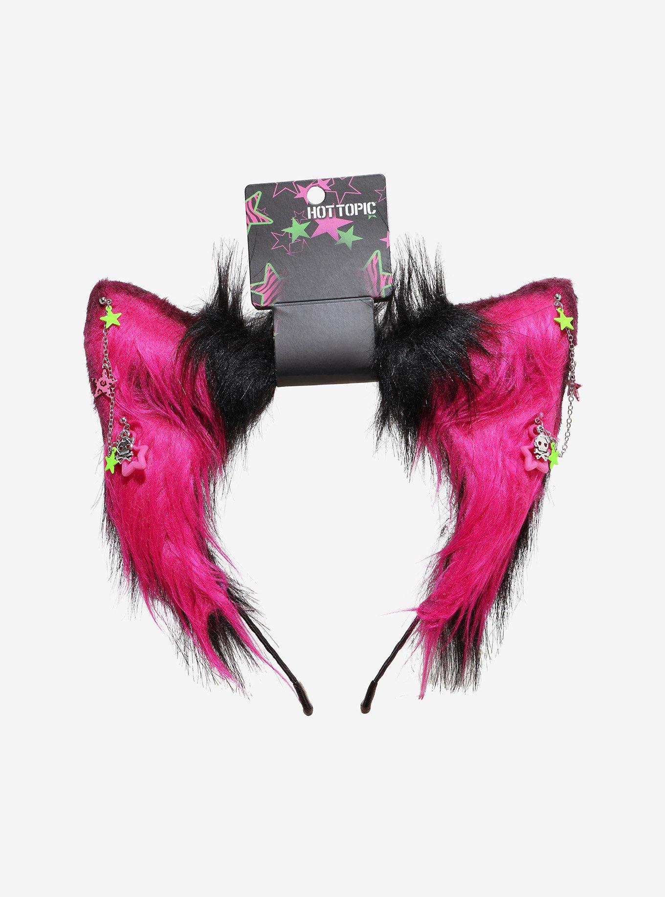 Pink & Black Skulls & Stars Fuzzy Cat Ear Headband, , hi-res