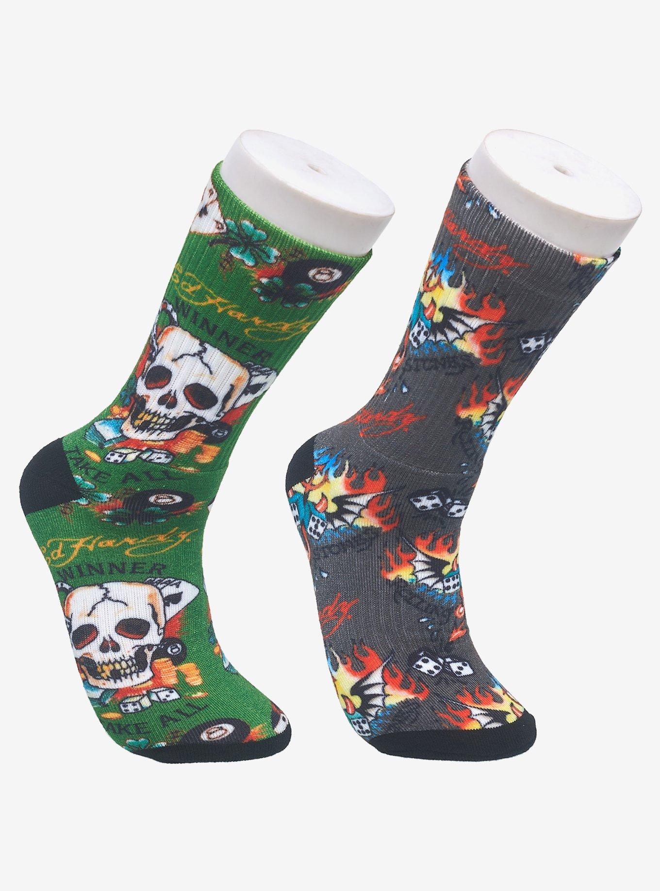 Ed Hardy Digital Print Green & Grey Crew 2-Pack Men's Socks, , hi-res