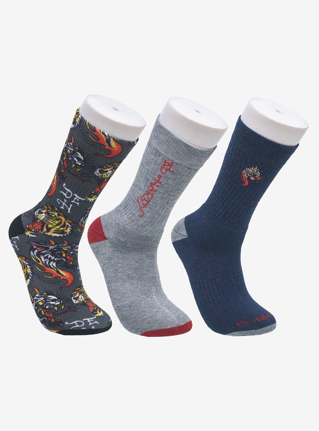 Ed Hardy Hellcat Tiger 360 Printed Solid & Embroidered 3-Pack Men's Socks, , hi-res