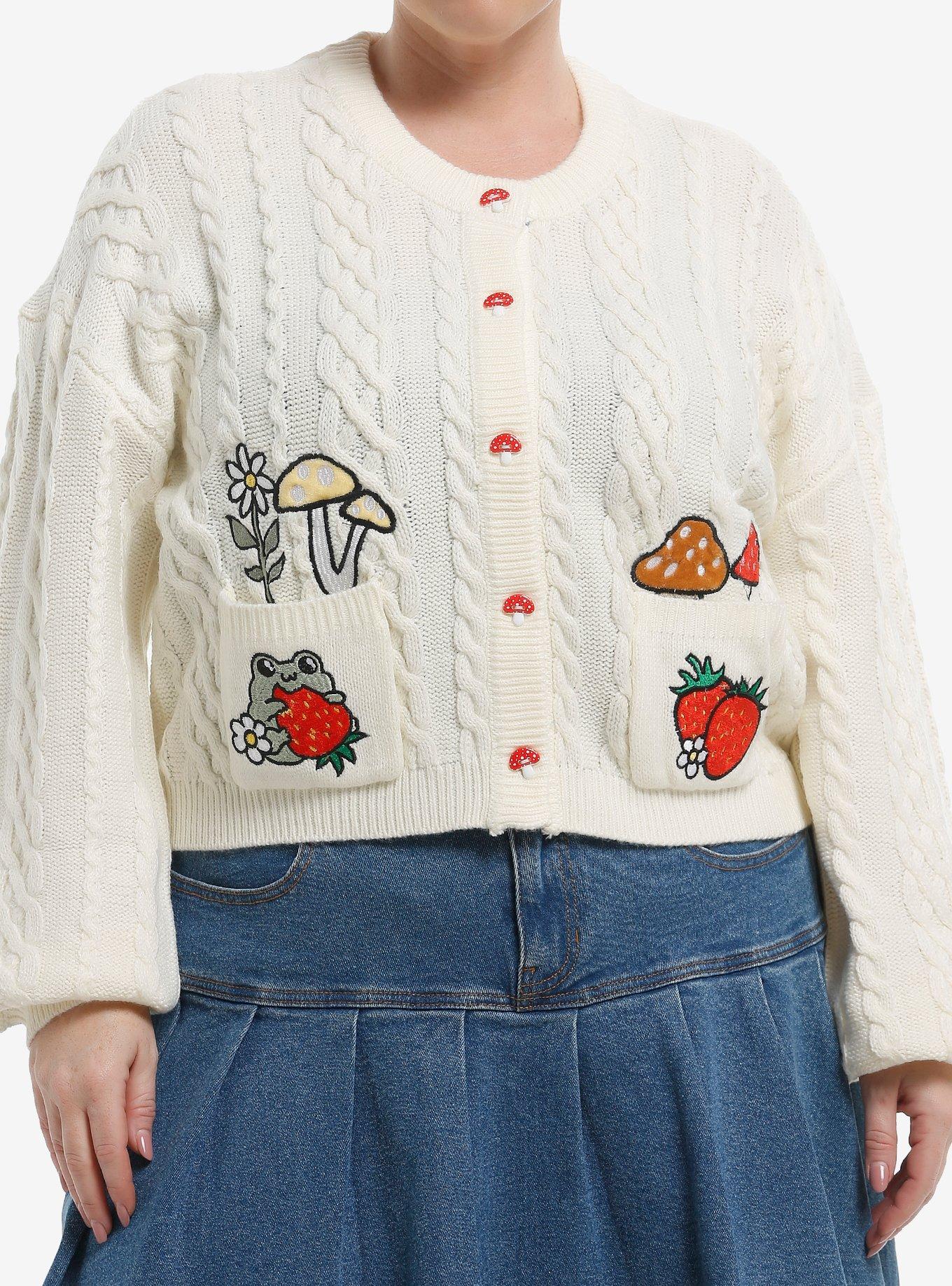 Thorn & Fable Frog Mushroom Cable Knit Girls Cardigan Plus Size, , hi-res