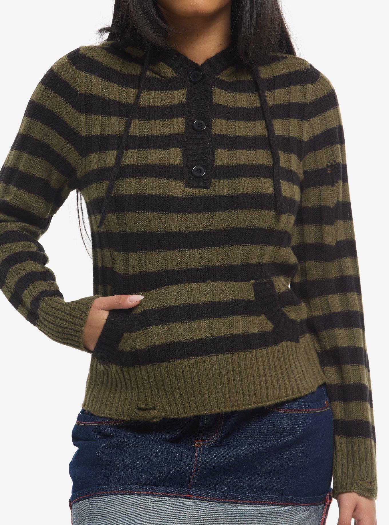 Thorn & Fable Black & Olive Green Stripe Girls Hoodie, , hi-res