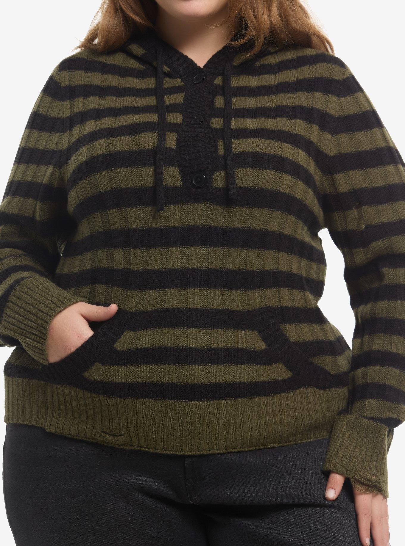 Thorn & Fable Black & Olive Green Stripe Girls Hoodie Plus Size, , hi-res