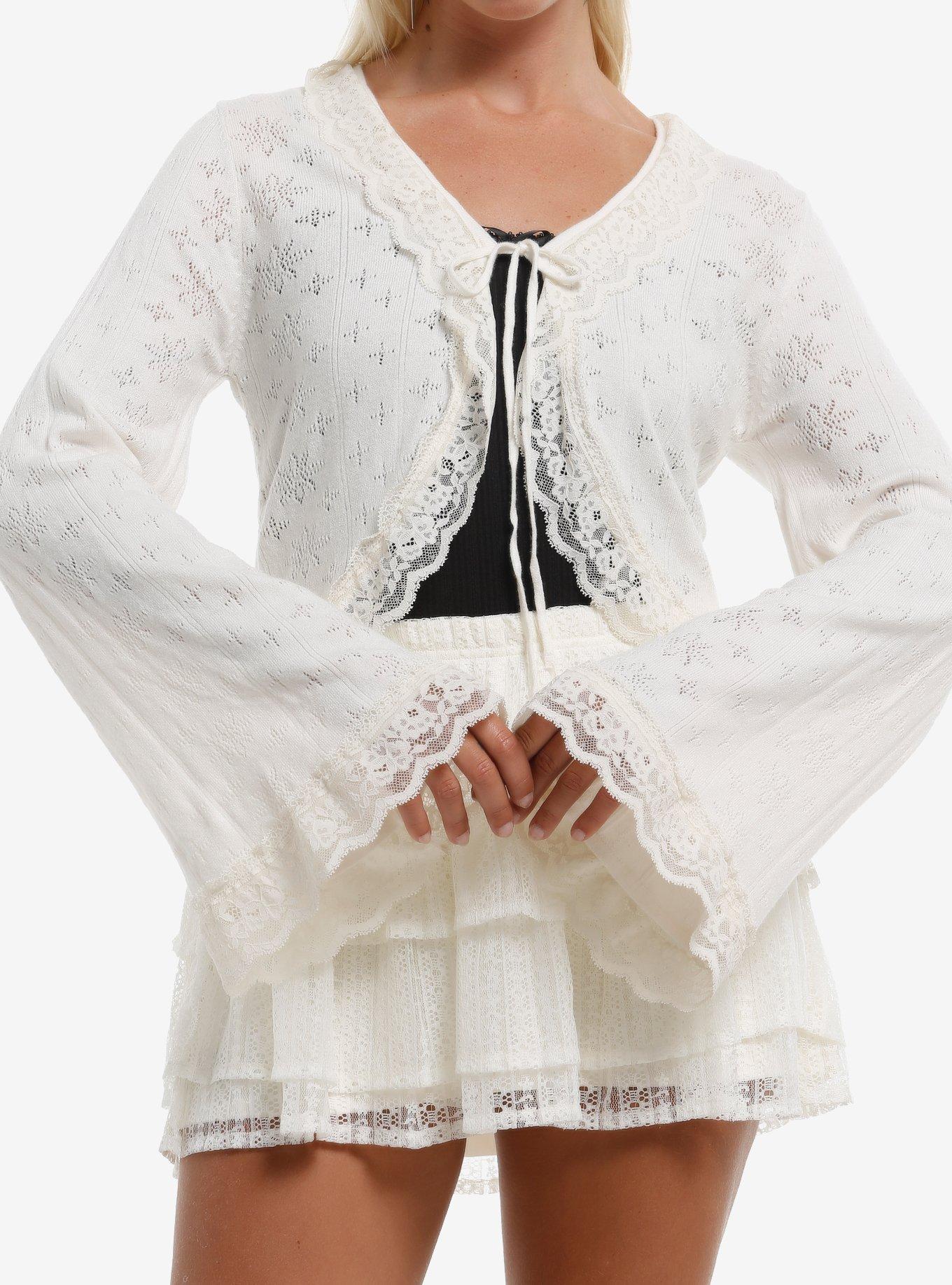 Thorn & Fable Cream Lace Trim Tie-Front Girls Top, , hi-res