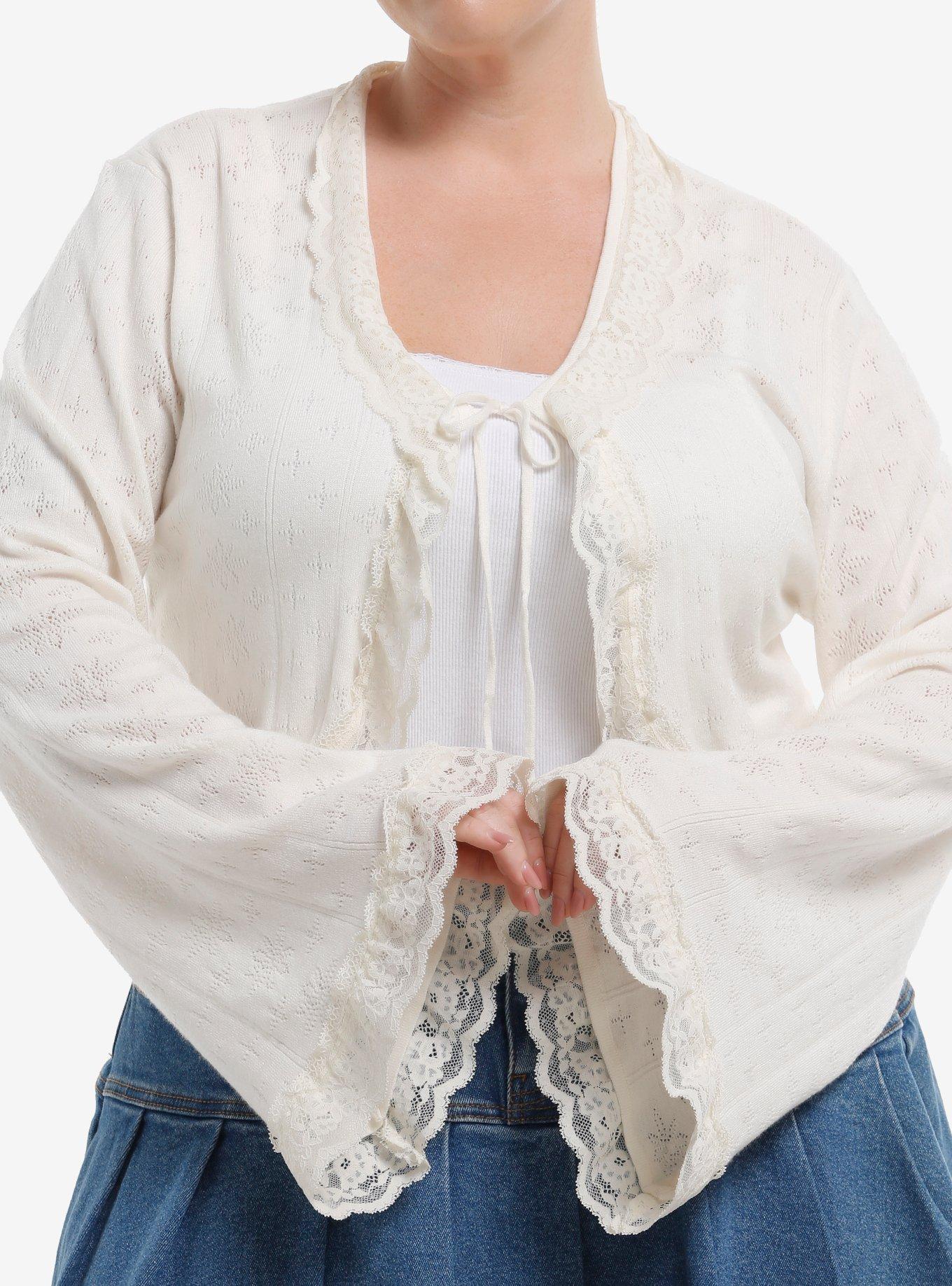 Thorn & Fable Cream Lace Trim Tie-Front Girls Top Plus Size, , hi-res