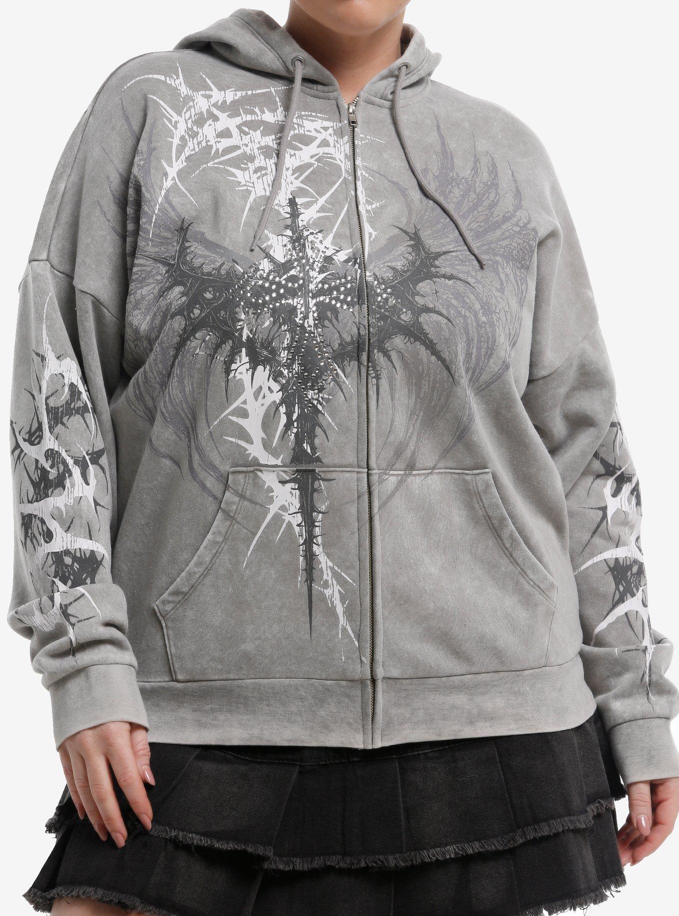 Social Collision Light Grey Cyber Wings & Cross Girls Hoodie Plus Size, , hi-res