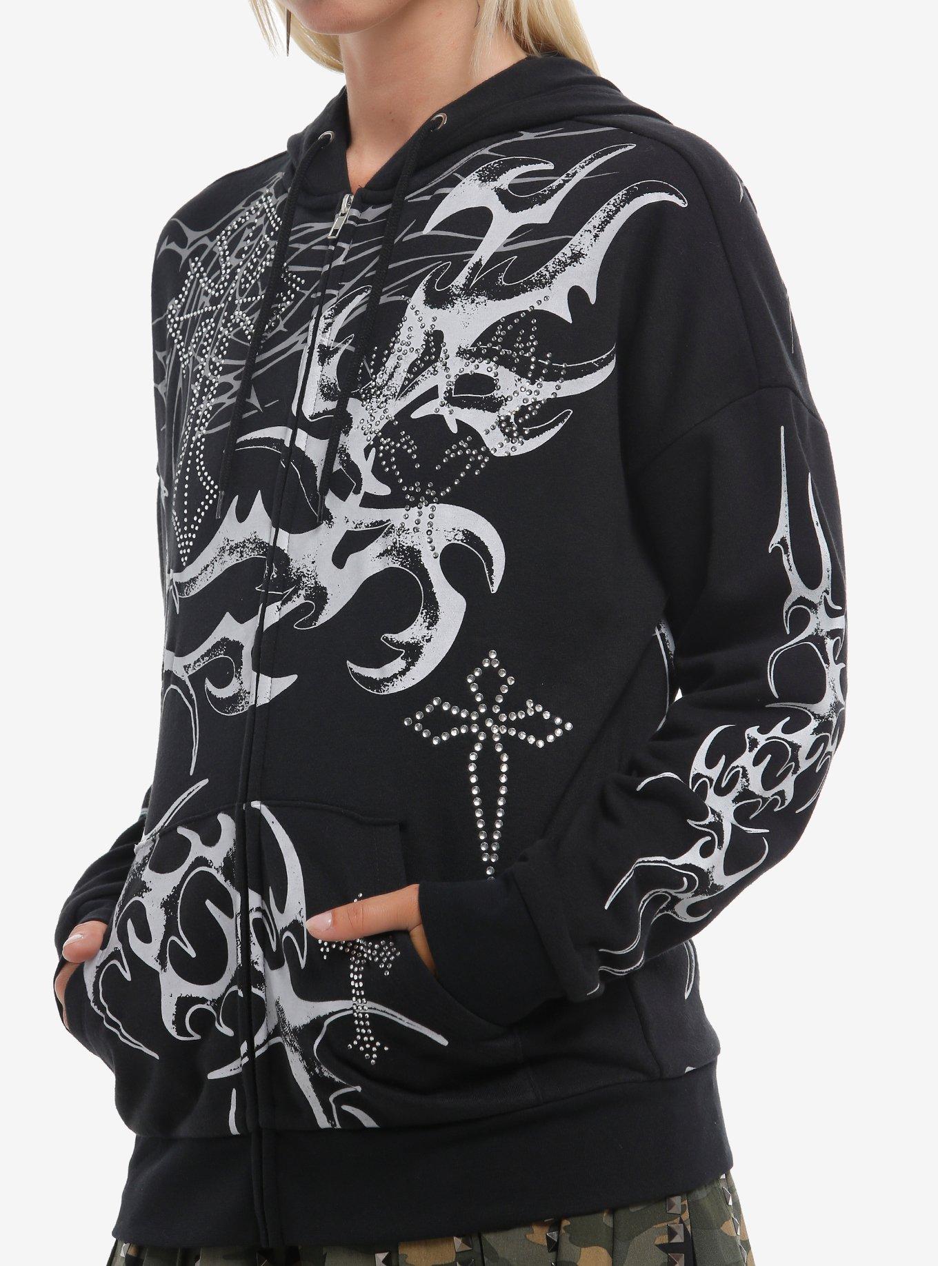 Black Cyber Tribal Rhinestone Cross Girls Hoodie, , hi-res