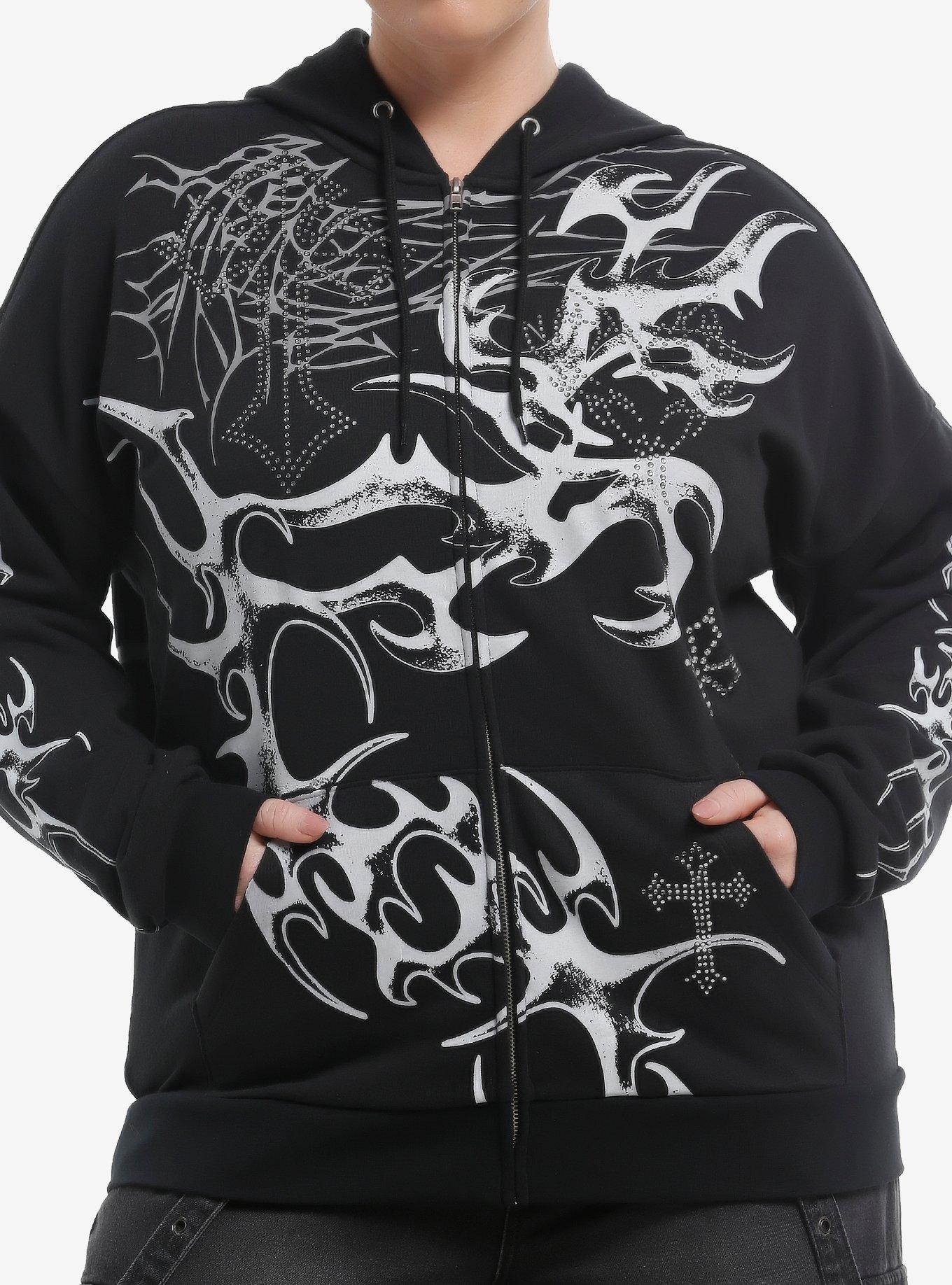 Black Cyber Tribal Rhinestone Cross Girls Hoodie Plus Size, , hi-res