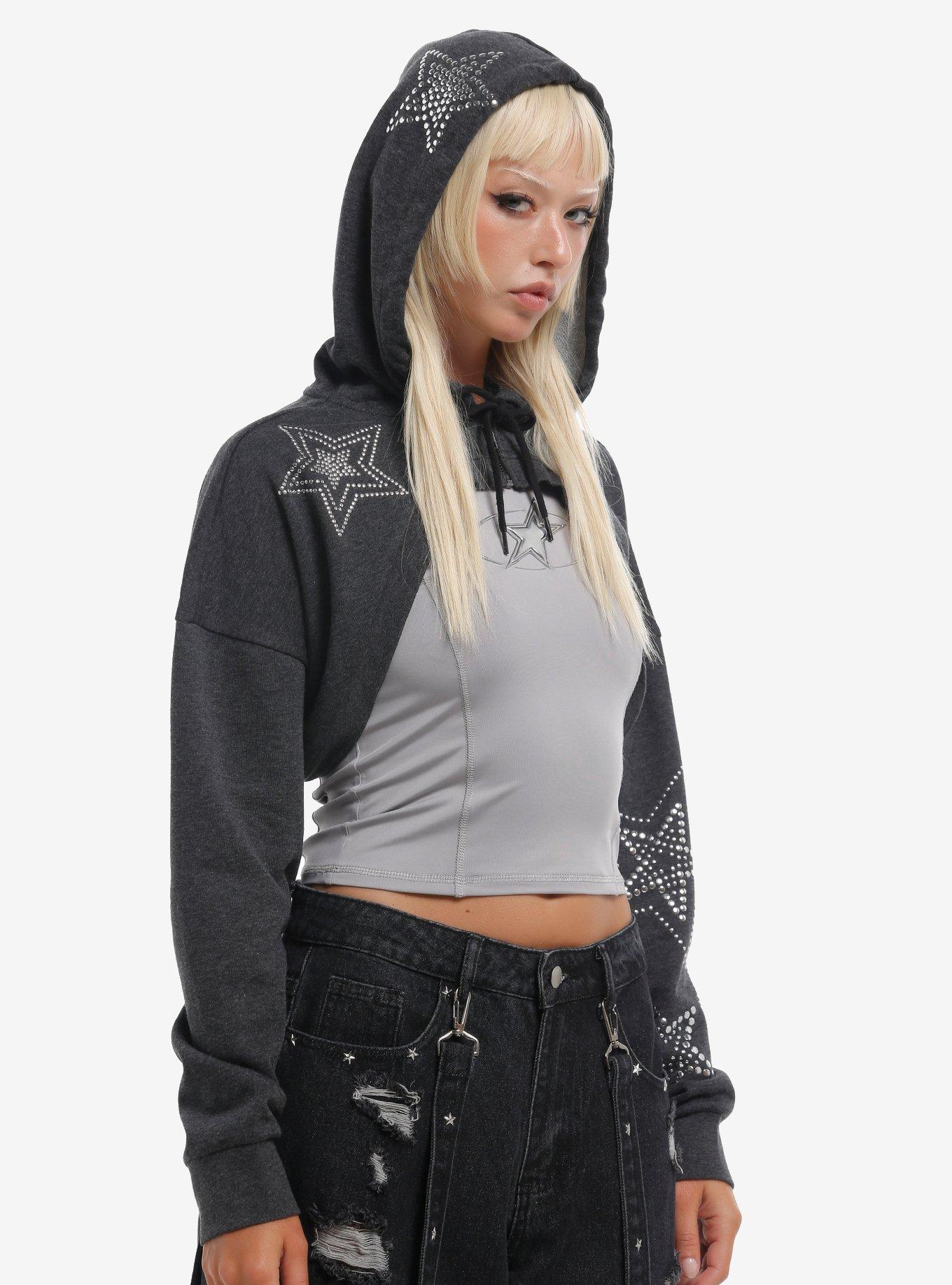 Social Collision Studded Star Girls Crop Hoodie, , hi-res