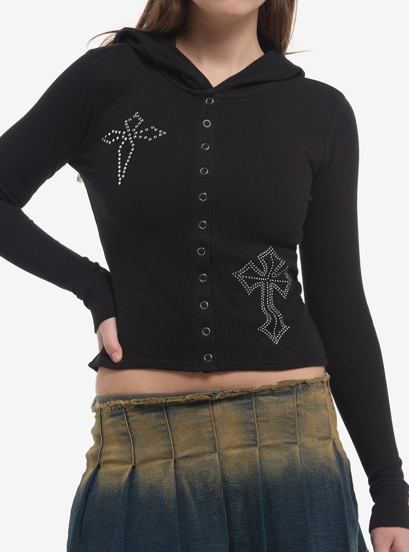 HOTTOPIC Rhinestone Crosses Hooded Girls Thermal Top