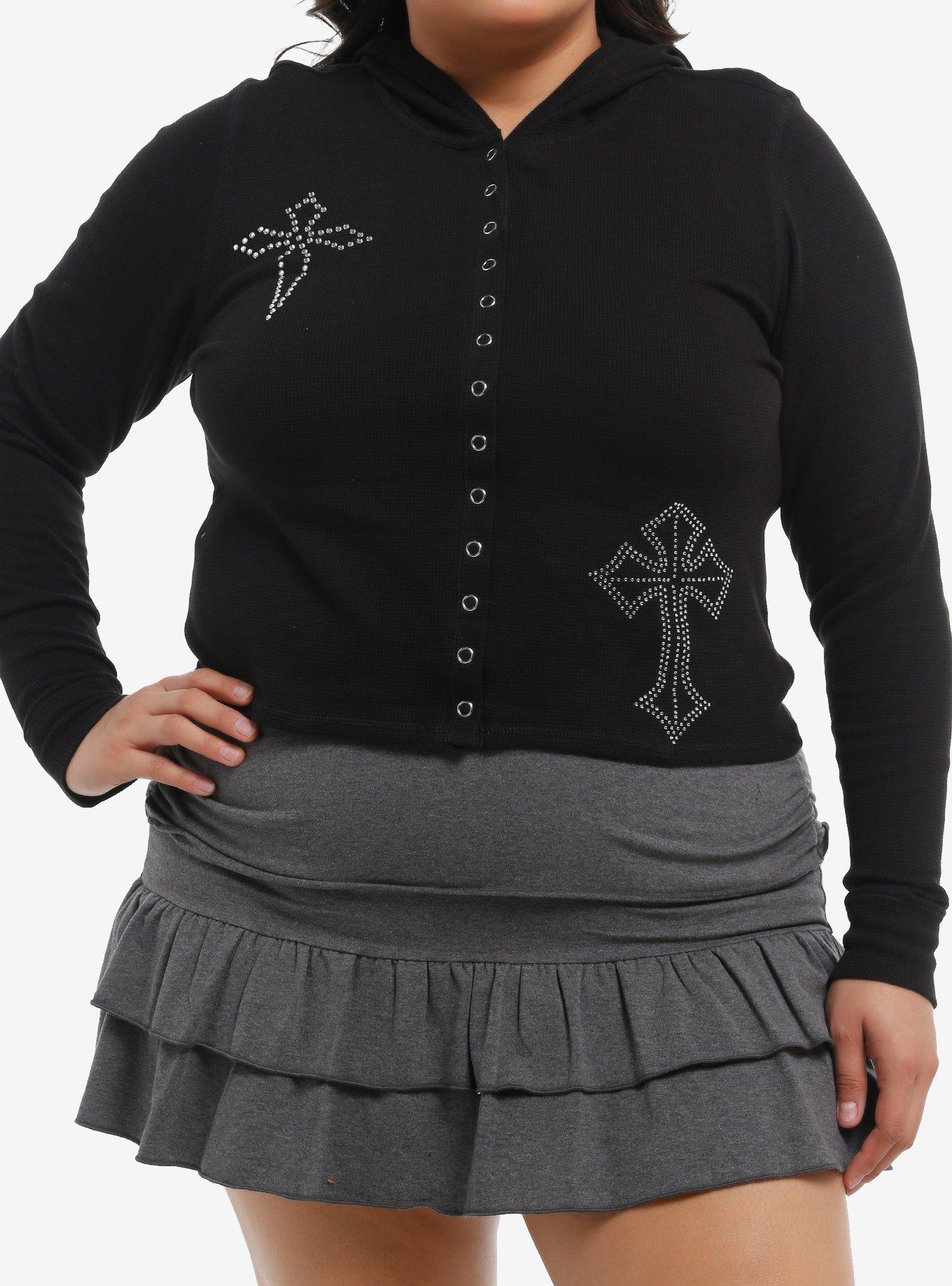Rhinestone Crosses Hooded Girls Thermal Top Plus Size, , hi-res