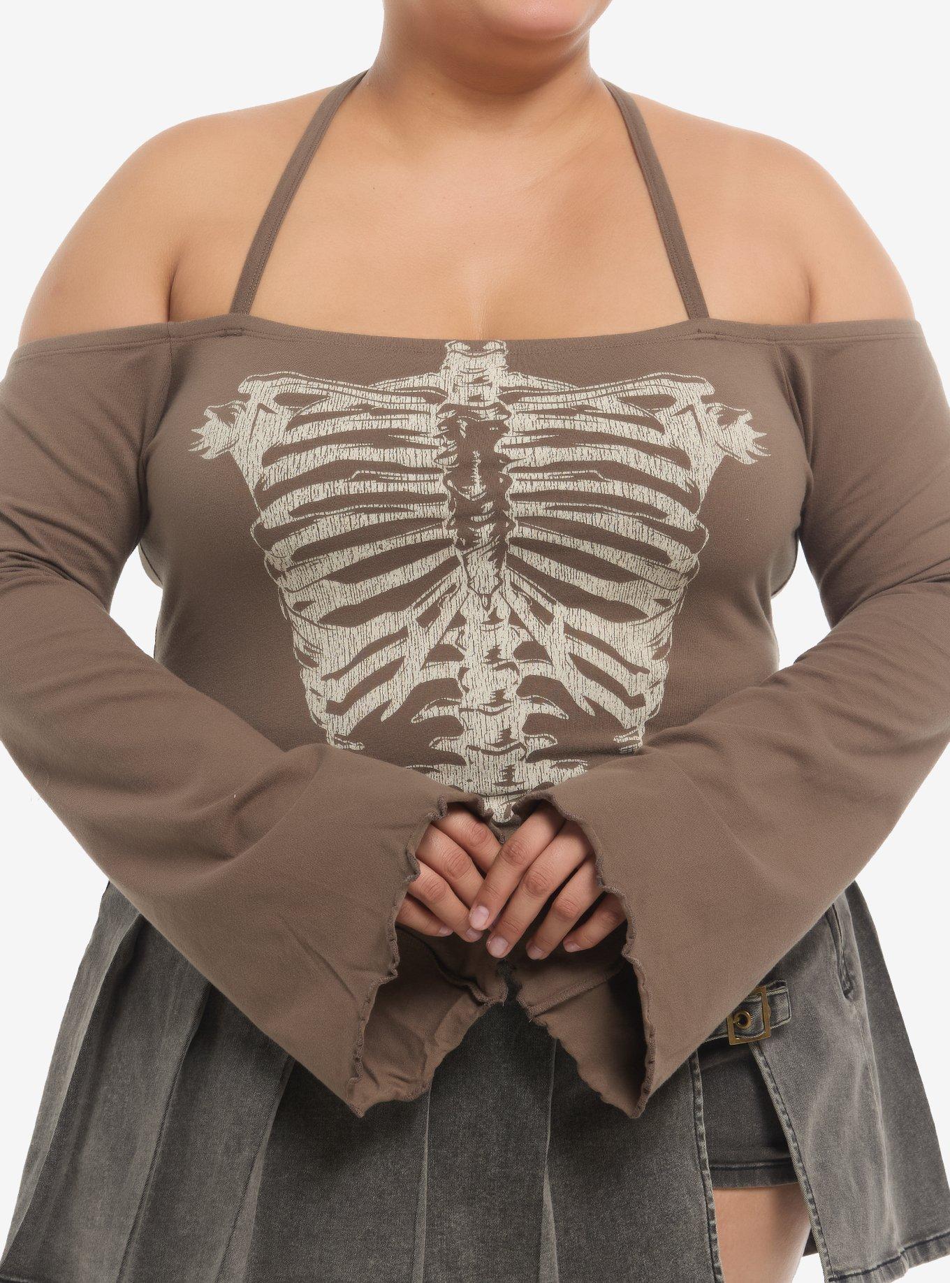 Brown Rib Cage Cold Shoulder Top Plus Size, , hi-res