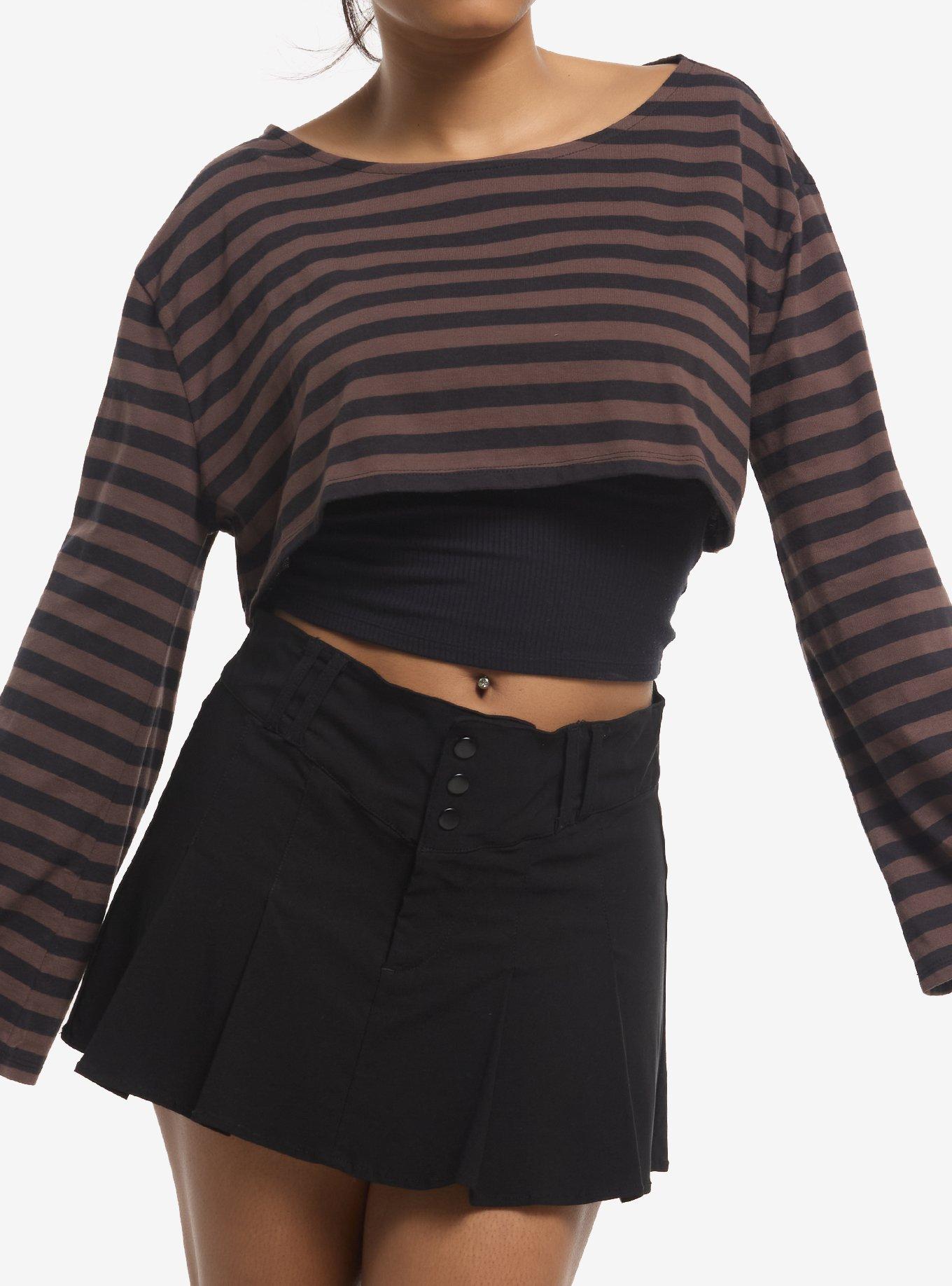 Thorn & Fable Brown & Black Stripe Crop Girls Long-Sleeve Top, , hi-res