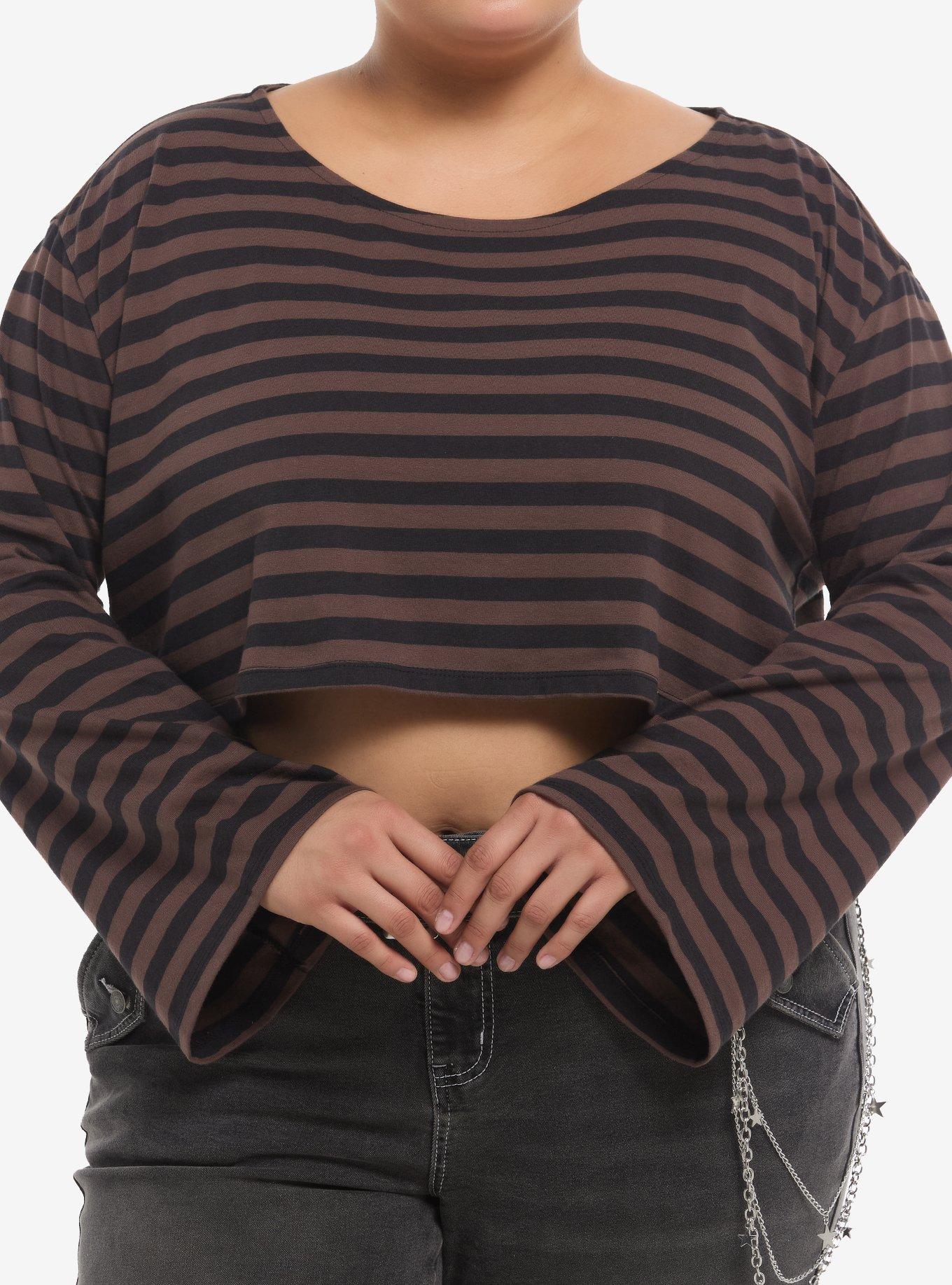 Thorn & Fable Brown & Black Stripe Girls Crop Long-Sleeve Top Plus Size, , hi-res
