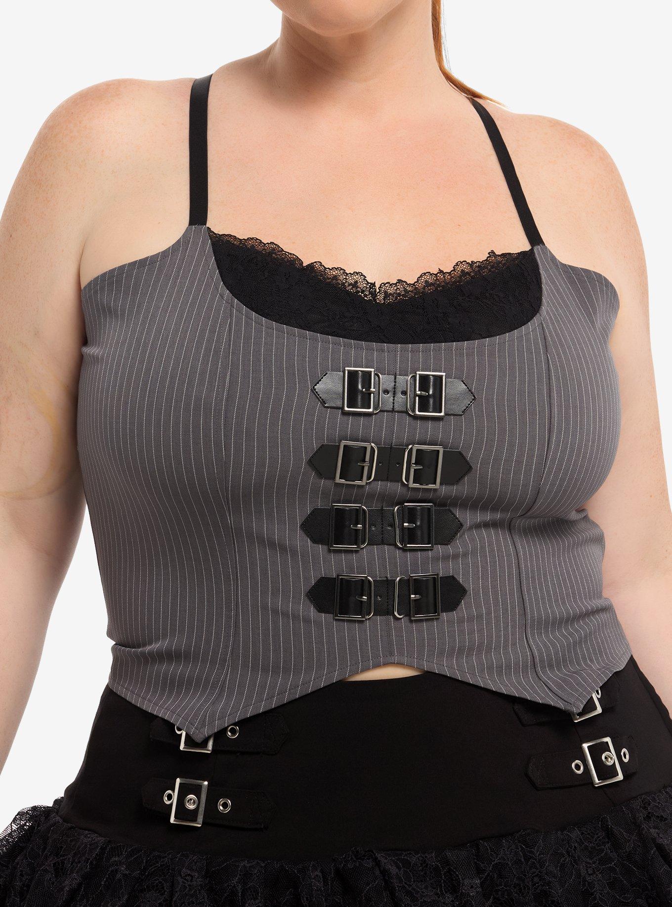 Social Collision Pinstripe Buckle Corset Girls Crop Cami Plus Size, , hi-res