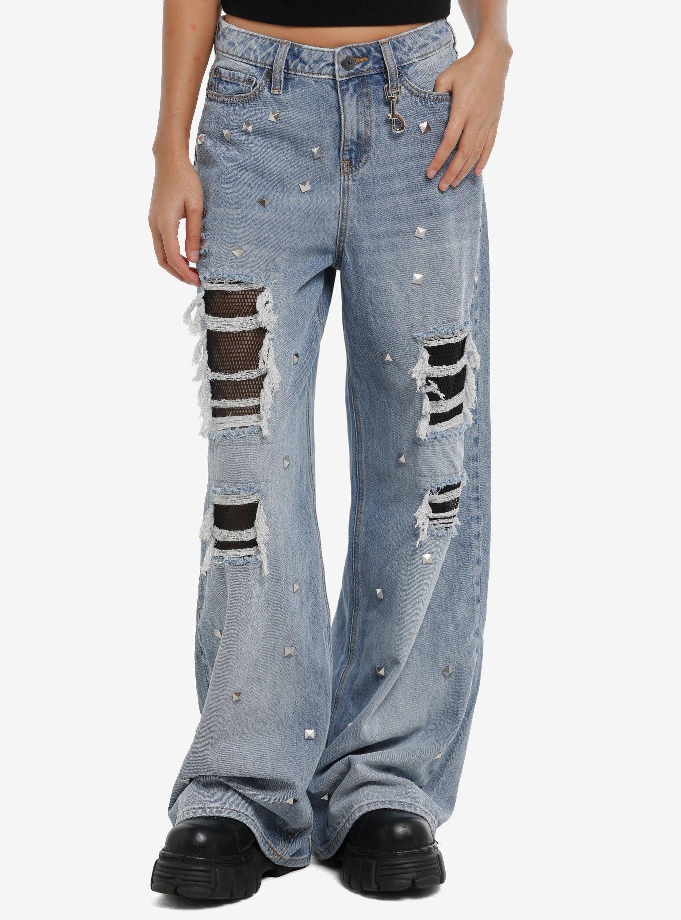 Social Collision Light Wash Studded & Fishnet Girls Wide Leg Jeans, , hi-res