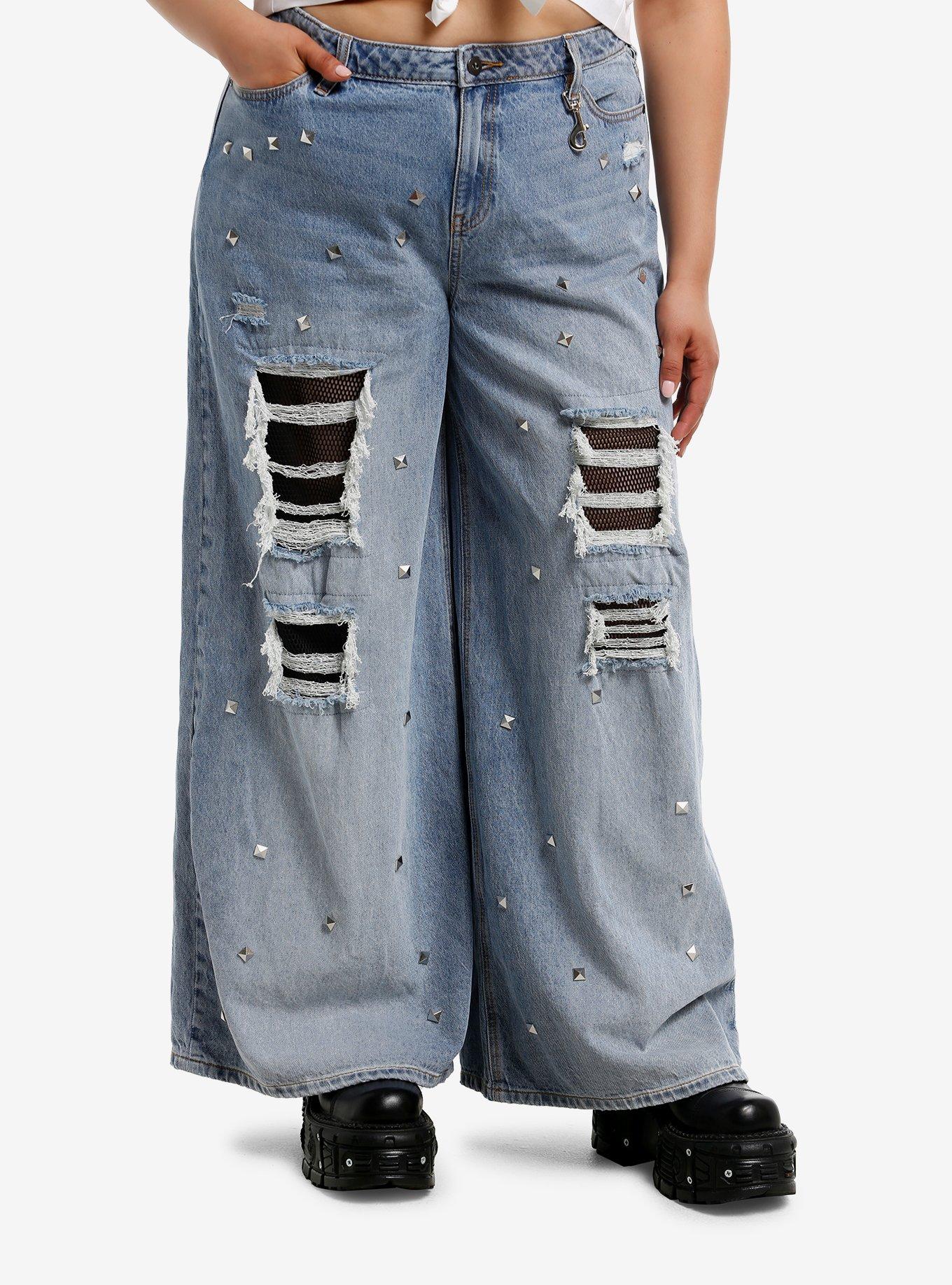 Social Collision Light Wash Studded & Fishnet Girls Wide Leg Jeans Plus Size, , hi-res