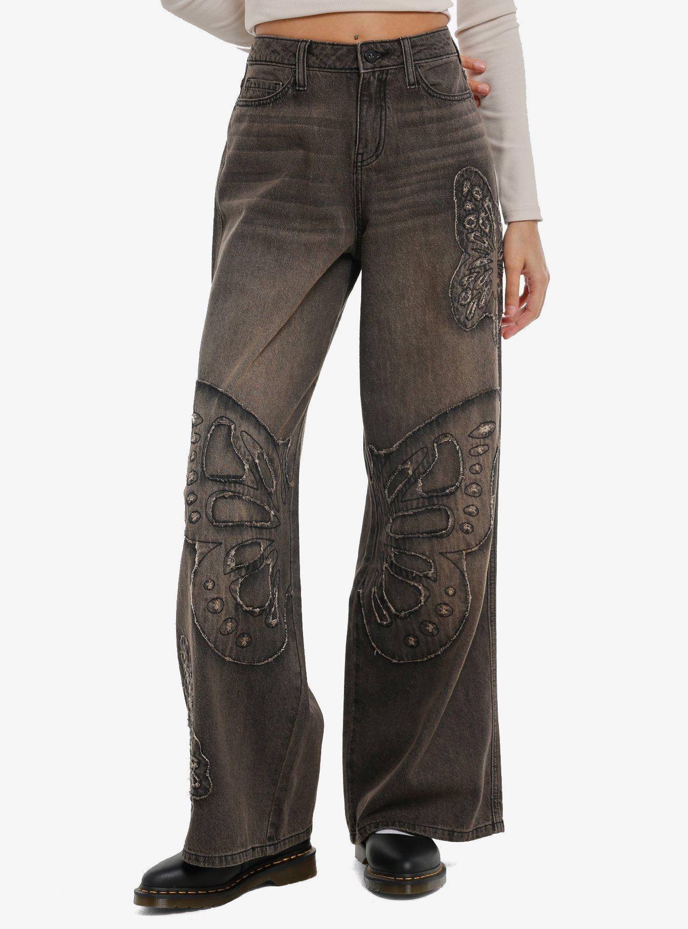 Social Collision Black Vintage Wash Butterfly Grunge Girls Wide Leg Jeans, , hi-res