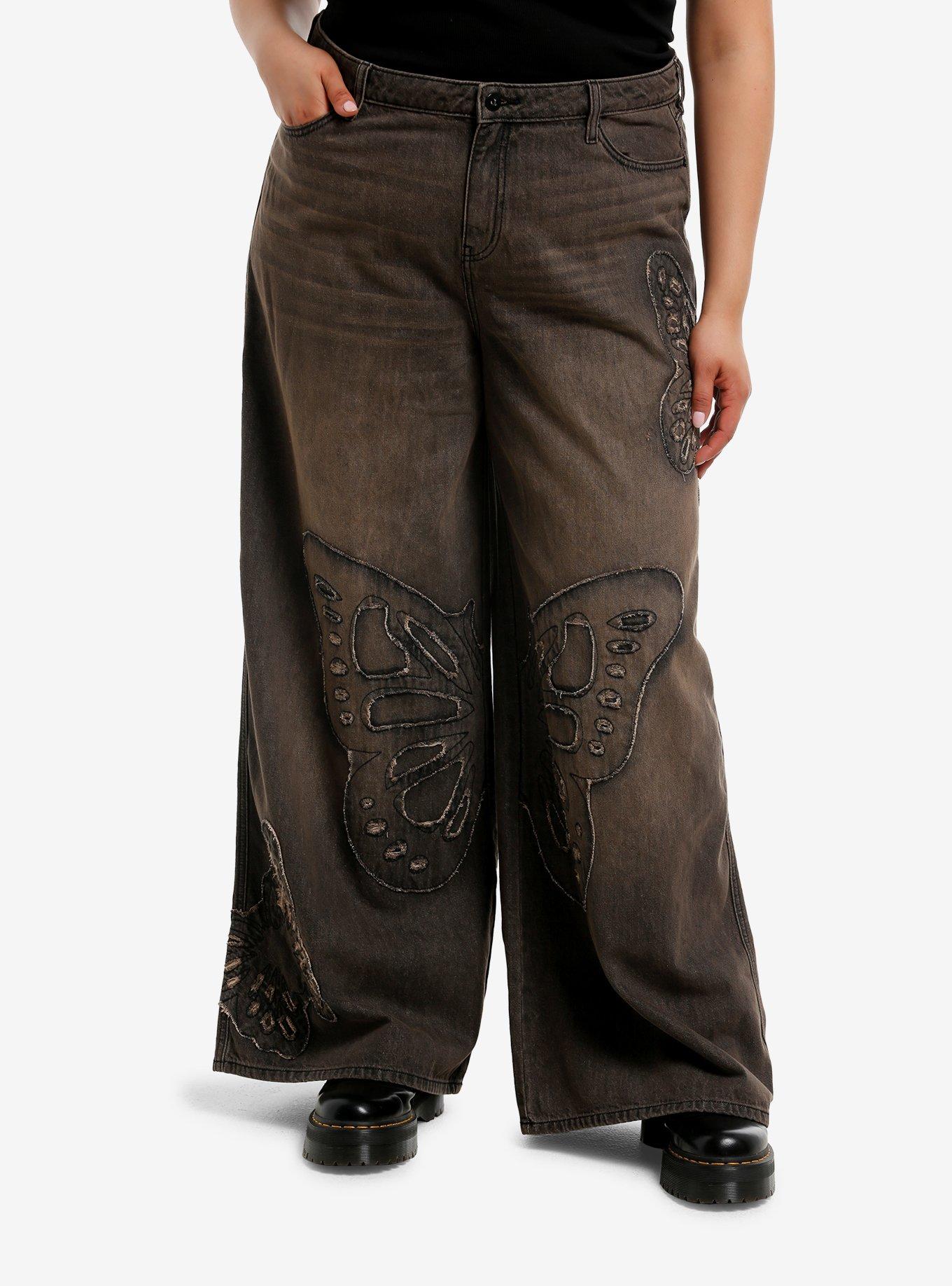 Social Collision Black Vintage Wash Butterfly Grunge Girls Wide Leg Jeans Plus Size, , hi-res