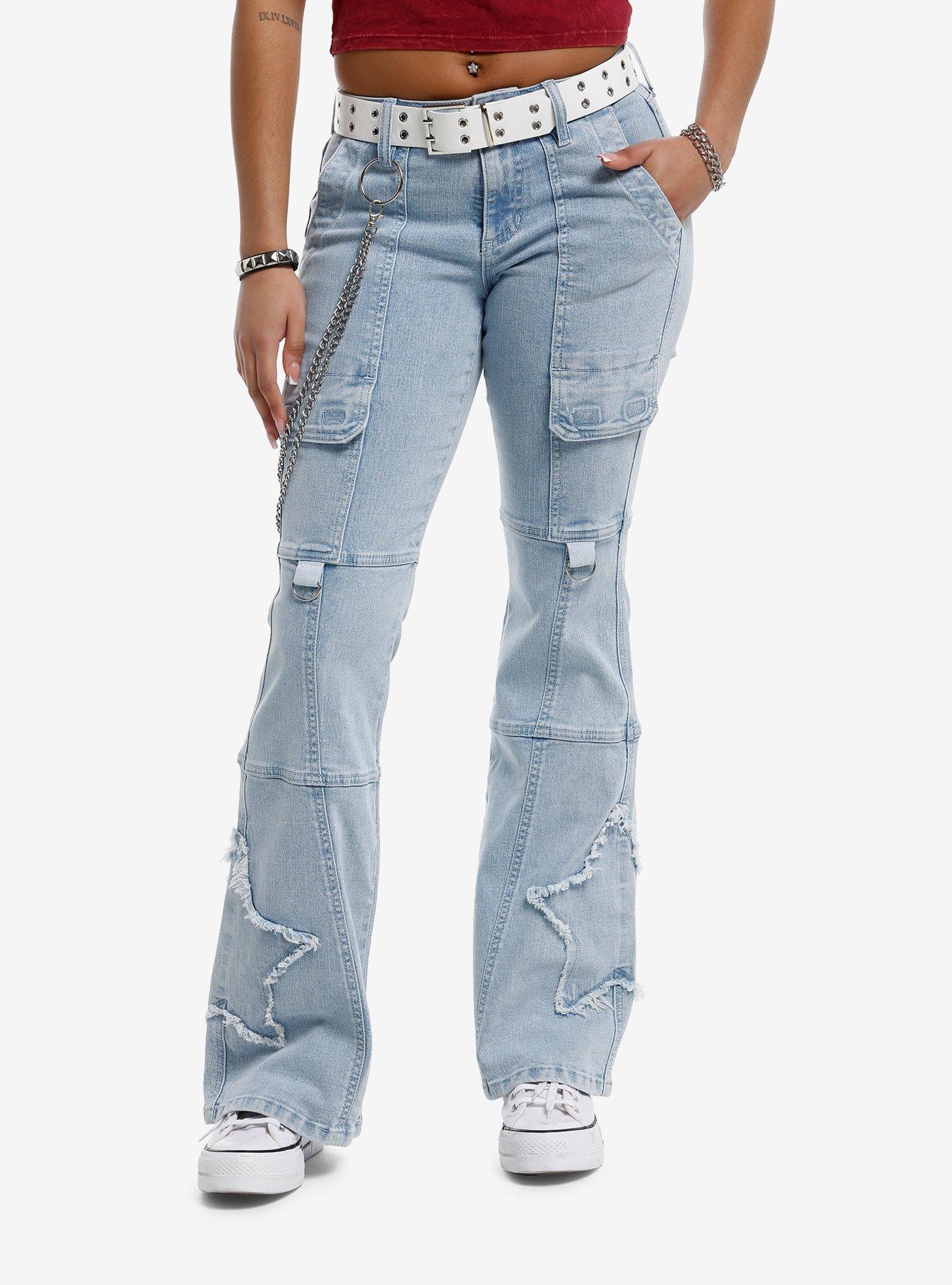 Social Collision Light Indigo Grommet Belt Flare Jeans, , hi-res