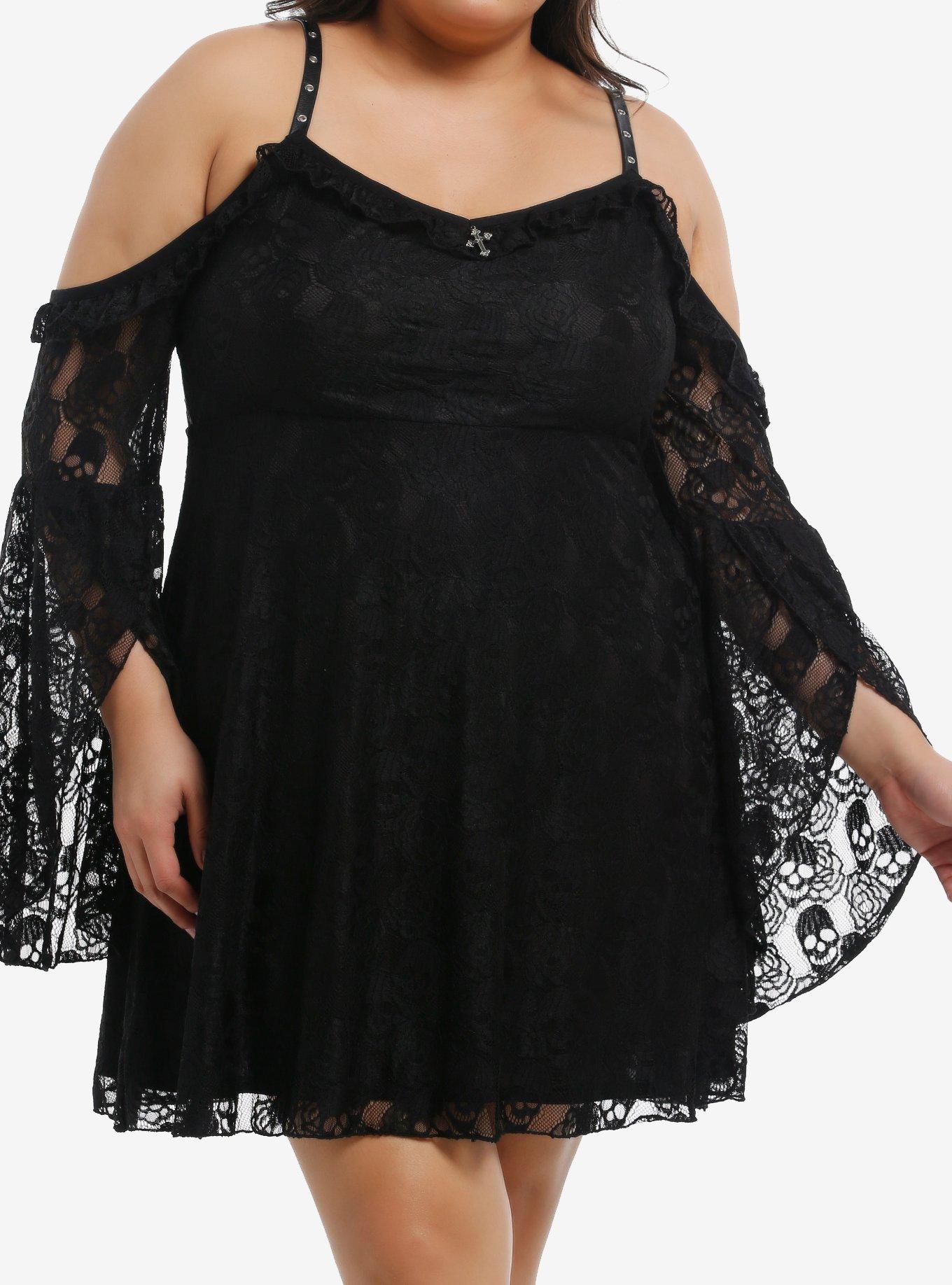 Black Skull Lace Cold Shoulder Bell Sleeve Dress Plus Size, , hi-res
