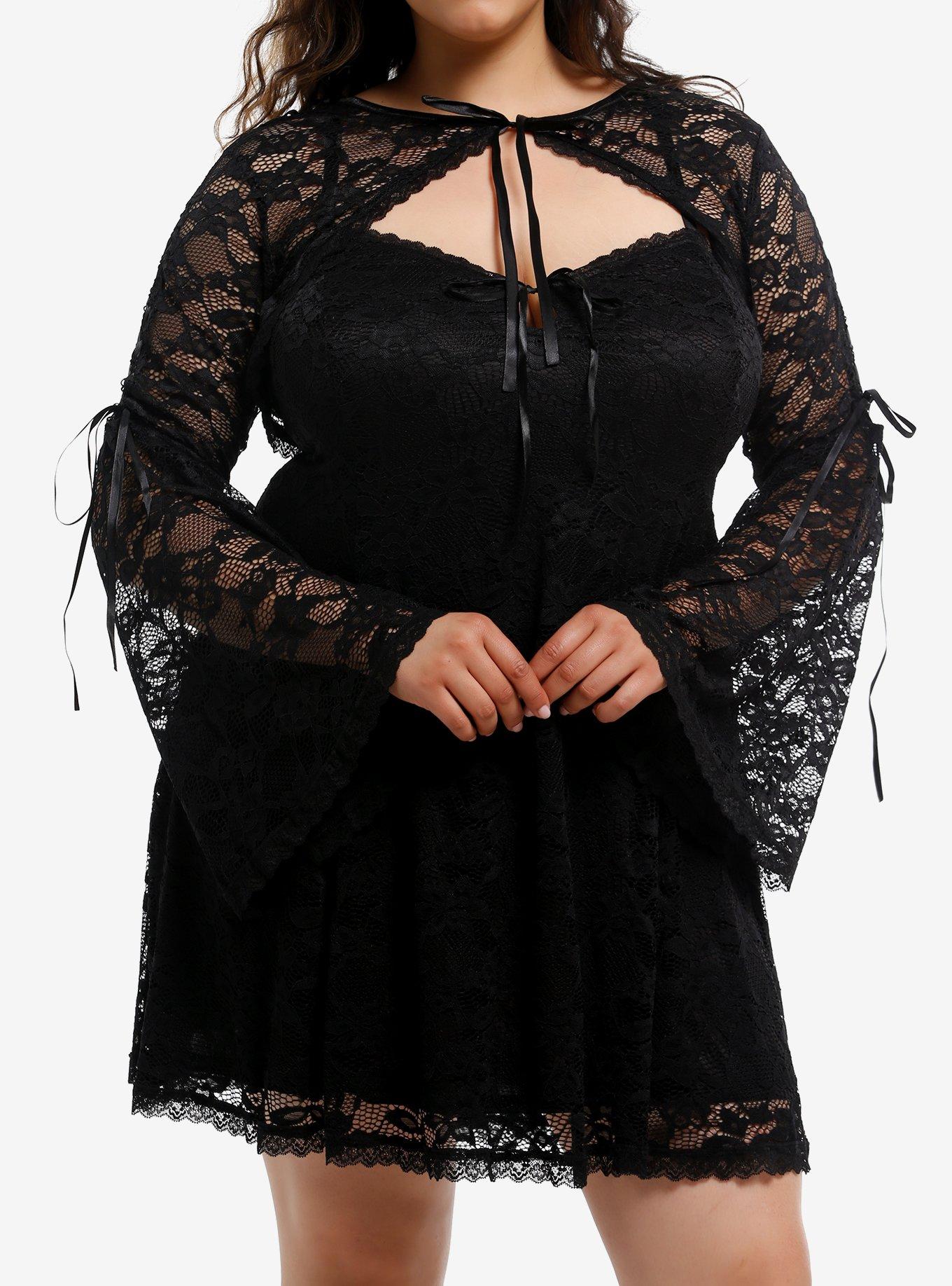 Cosmic Aura Black Lace Shrug Slip Dress Plus Size, , hi-res