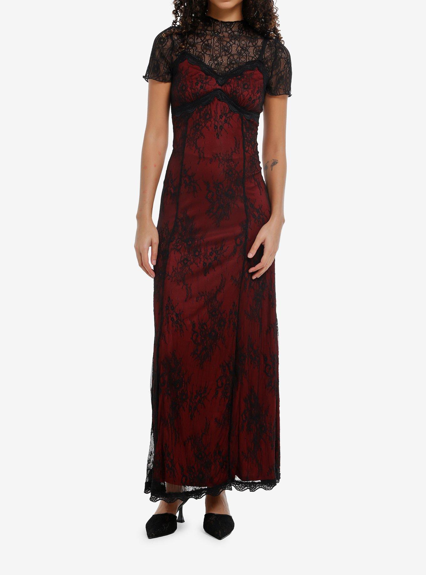 Social Collision Black & Red Lace Twofer Short-Sleeve Maxi Dress, , hi-res