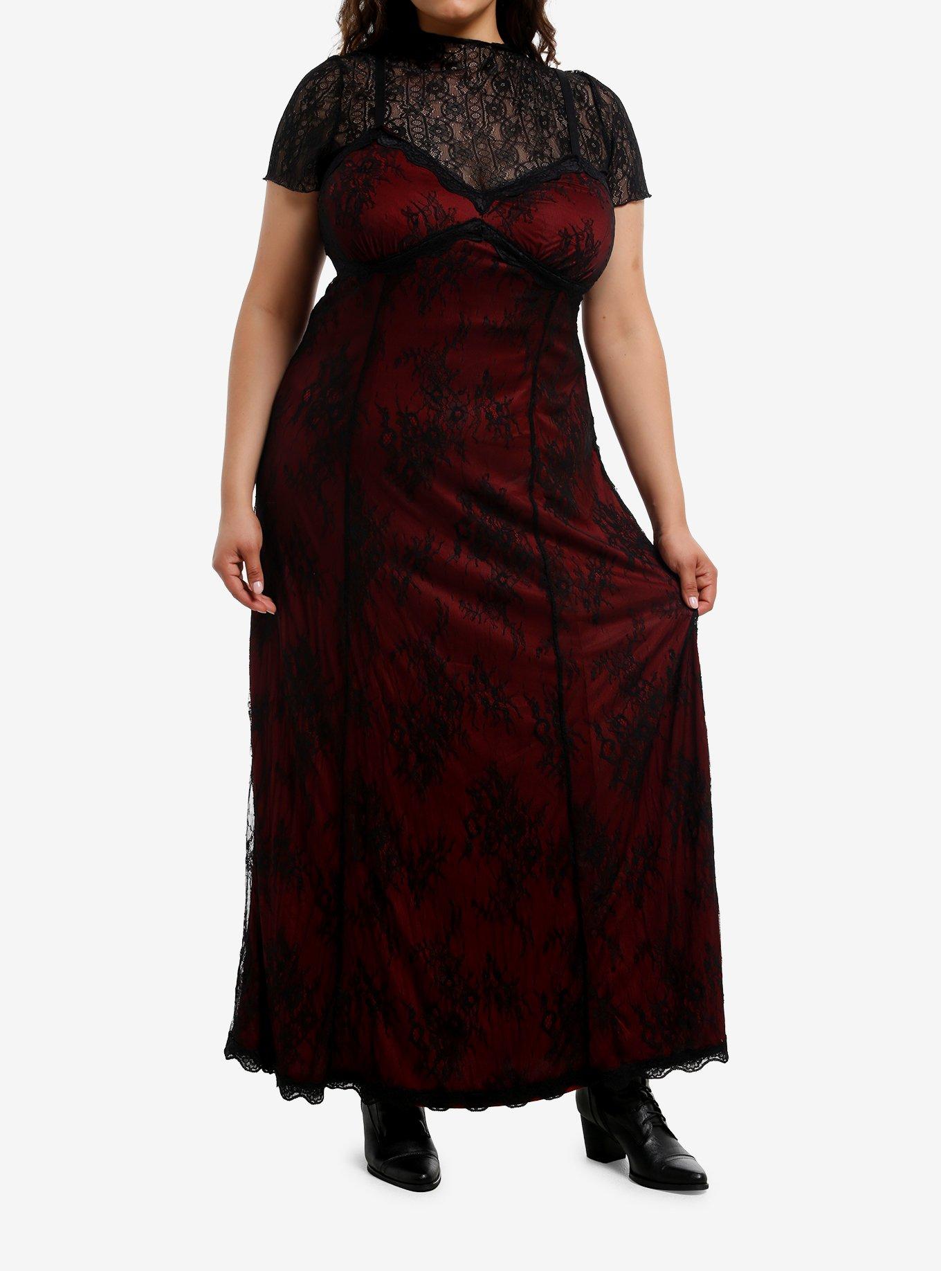 Social Collision Black & Red Lace Twofer Short-Sleeve Maxi Dress Plus Size, , hi-res