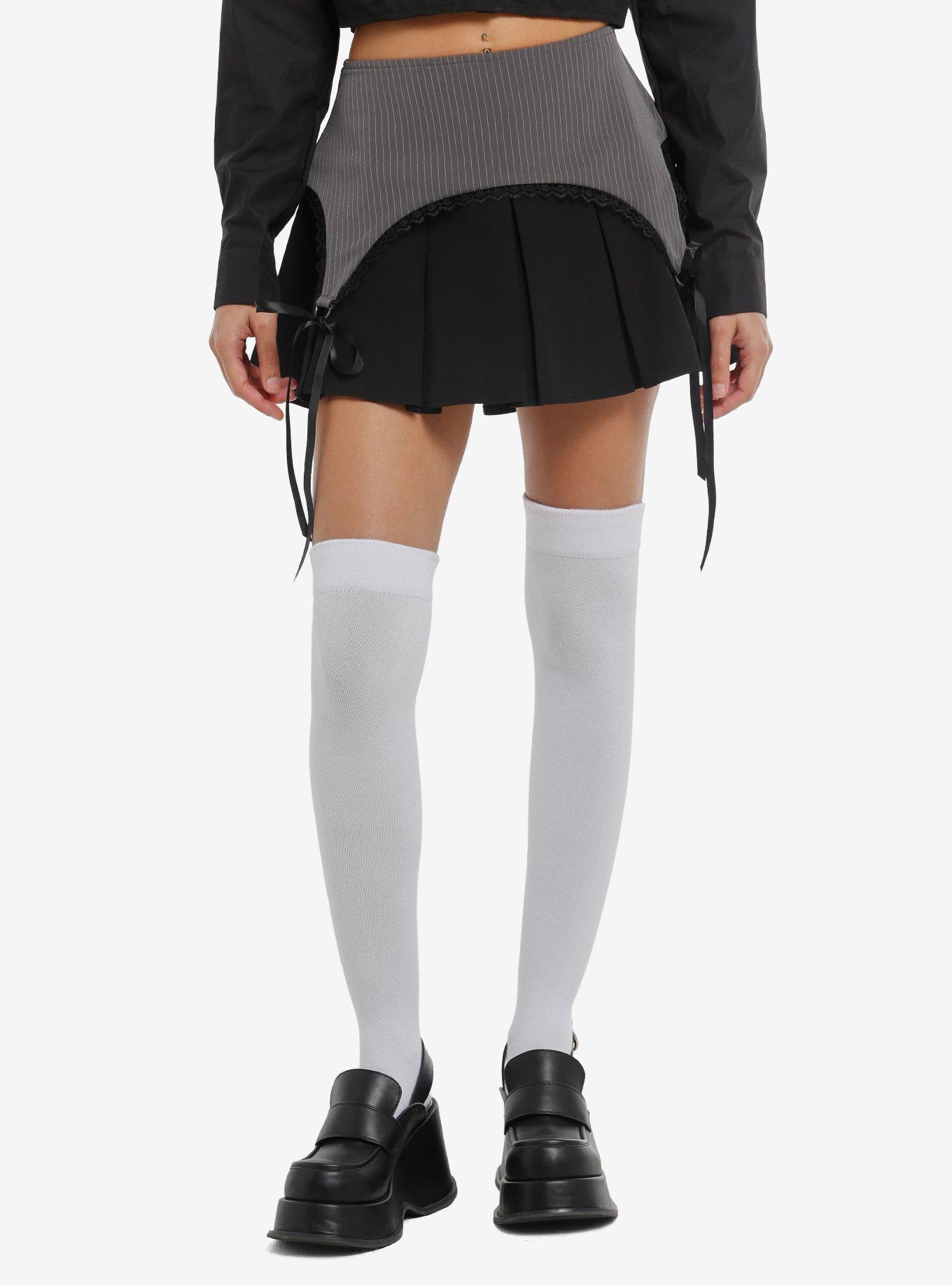 Social Collision Black & Grey Pinstripe Pleated Skirt, , hi-res