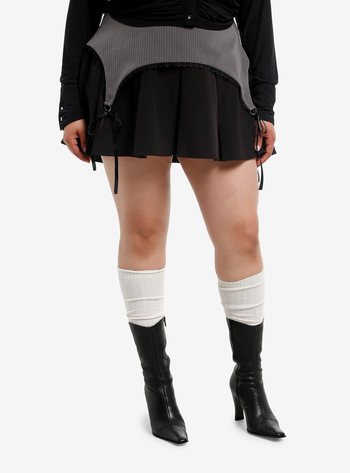 Social Collision Black & Grey Pinstripe Pleated Skirt Plus Size, , hi-res