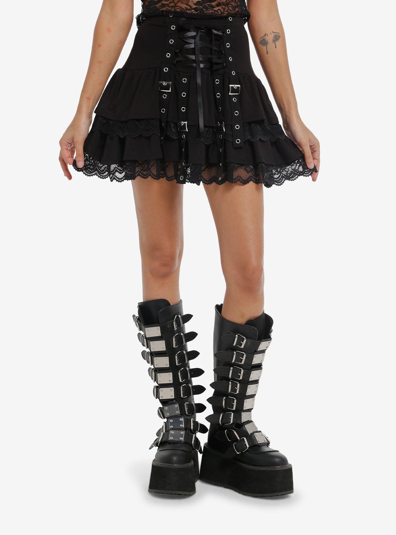 Black Tiered Grommet Buckle Mini Skirt, , hi-res