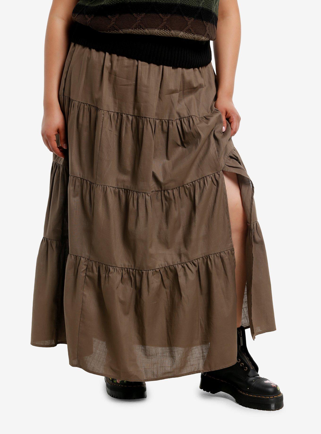 Thorn & Fable Brown Tiered Midi Skirt Plus Size, , hi-res