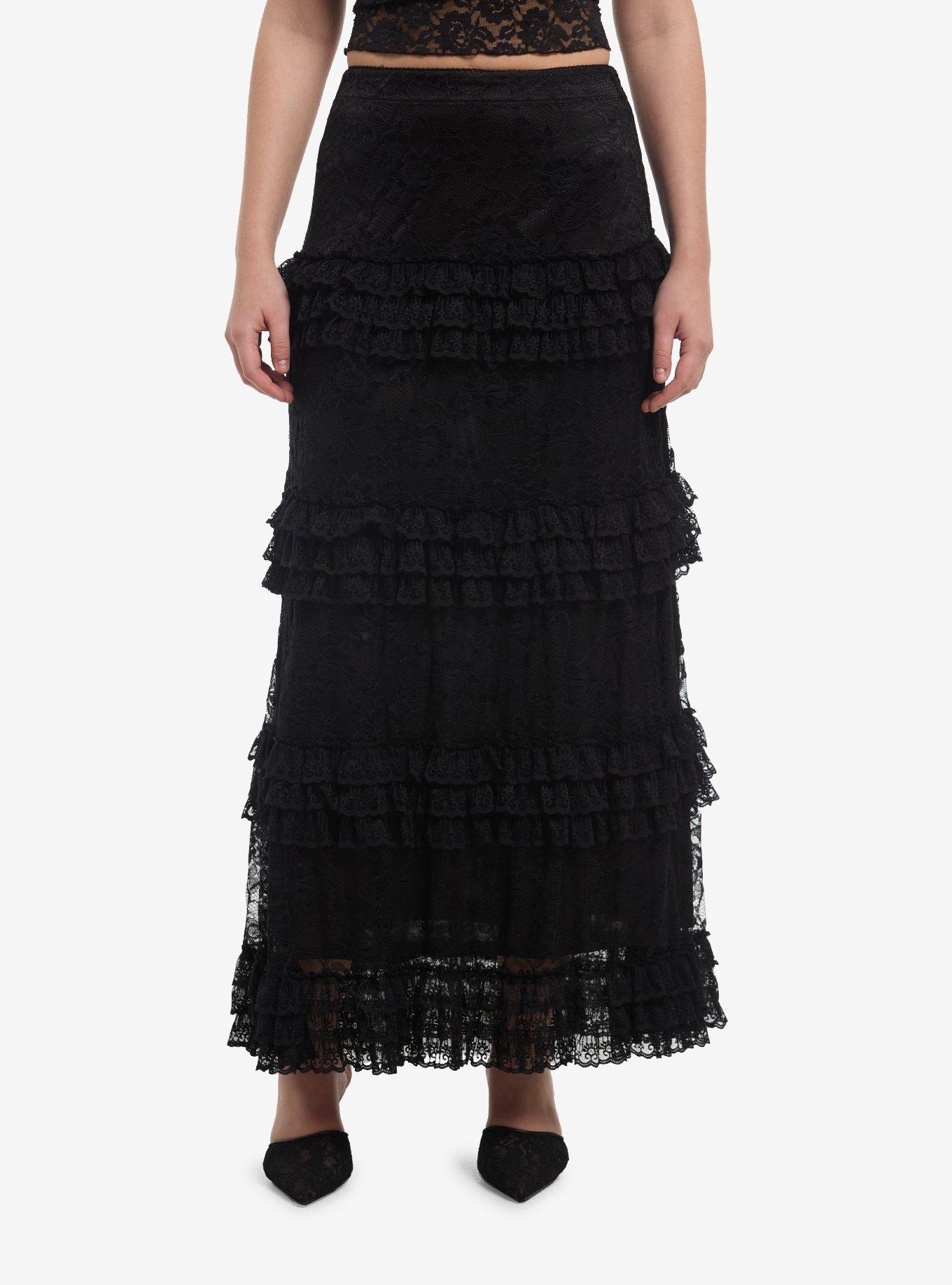Cosmic Aura Black Lace Tiered Midaxi Skirt, , hi-res
