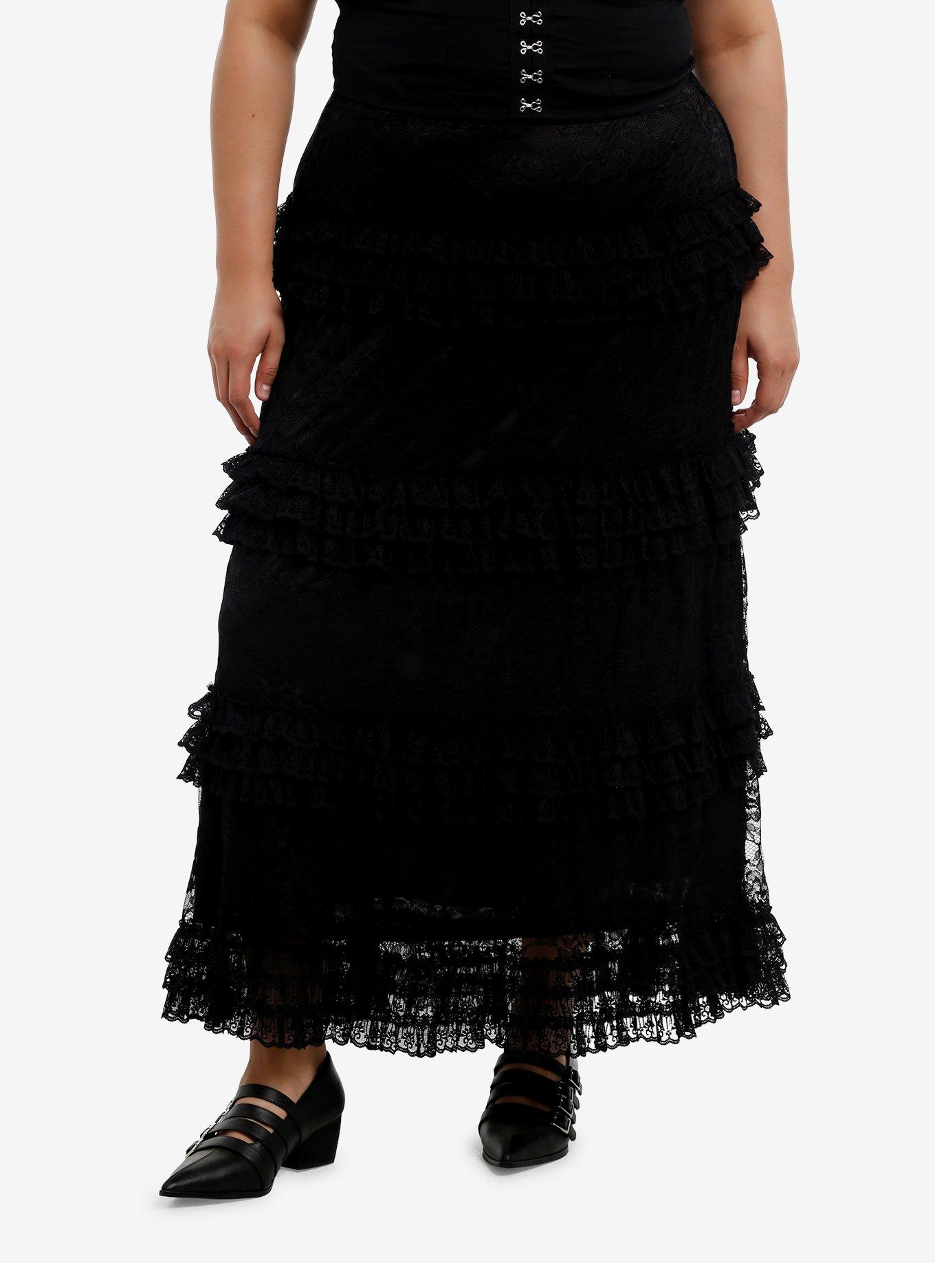 Cosmic Aura Black Lace Tiered Midaxi Skirt Plus Size, , hi-res