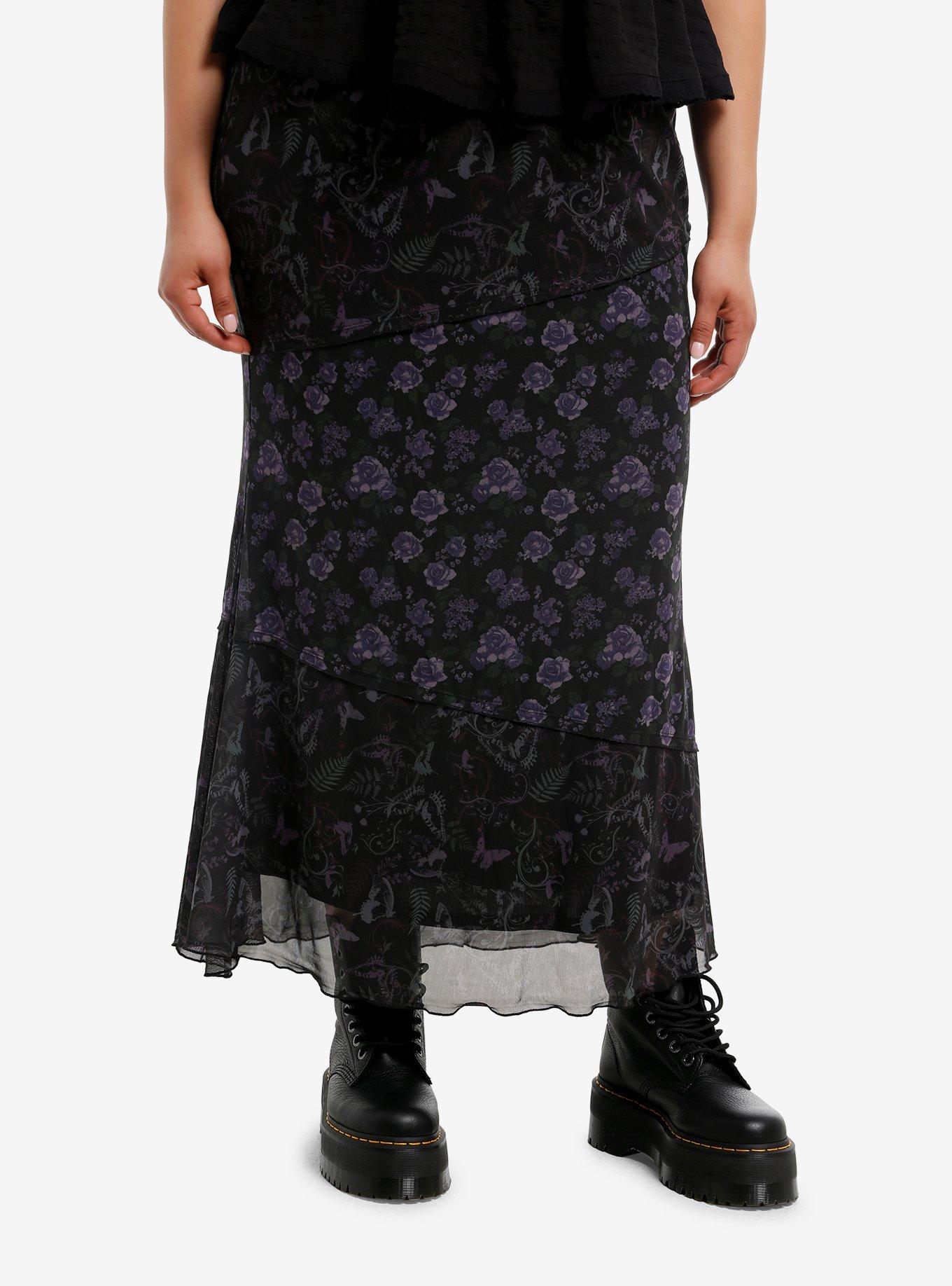 Thorn & Fable Purple Floral Midaxi Skirt Plus Size, , hi-res