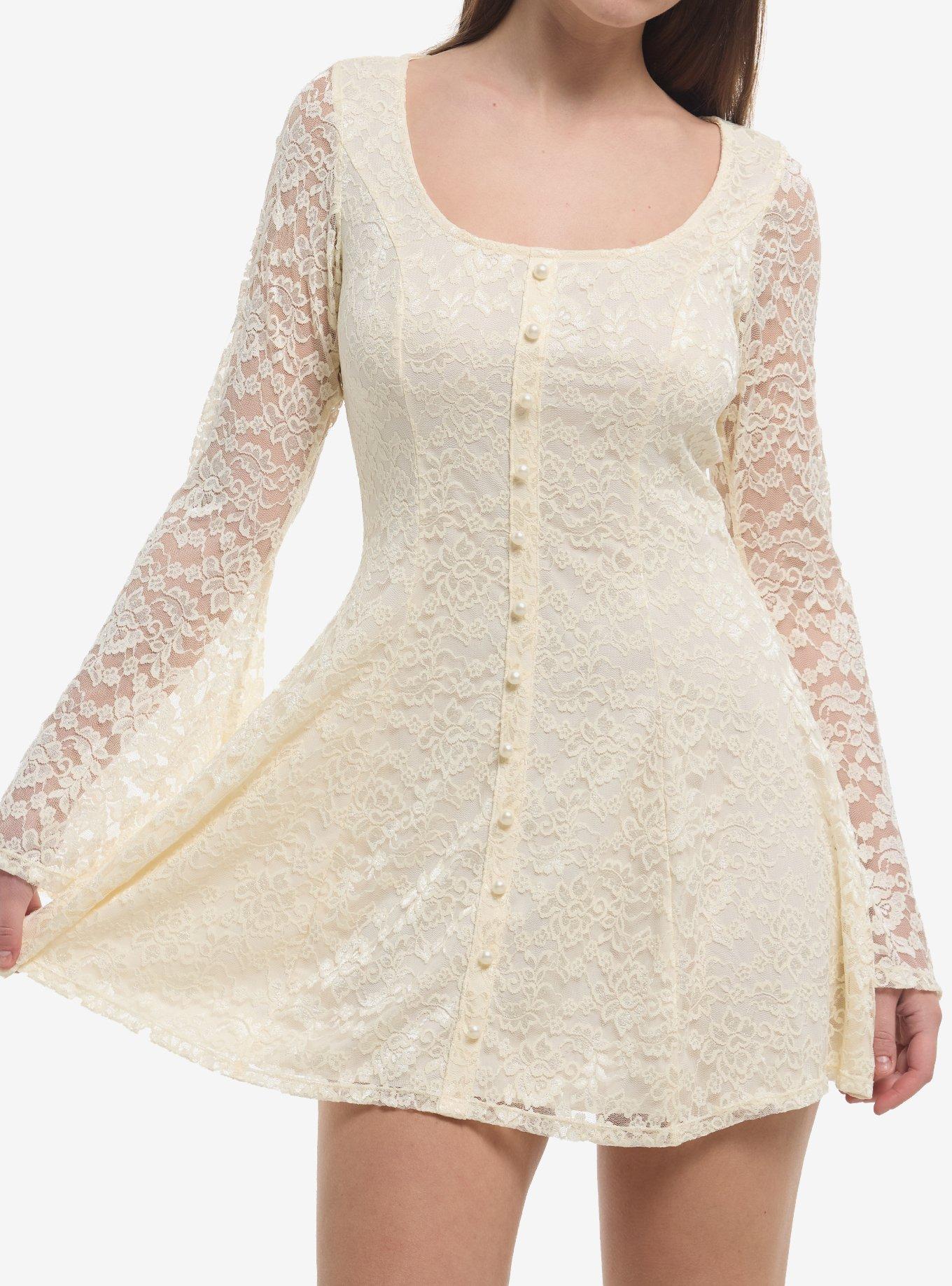 Thorn & Fable Cream Lace Bell Sleeve Dress, , hi-res