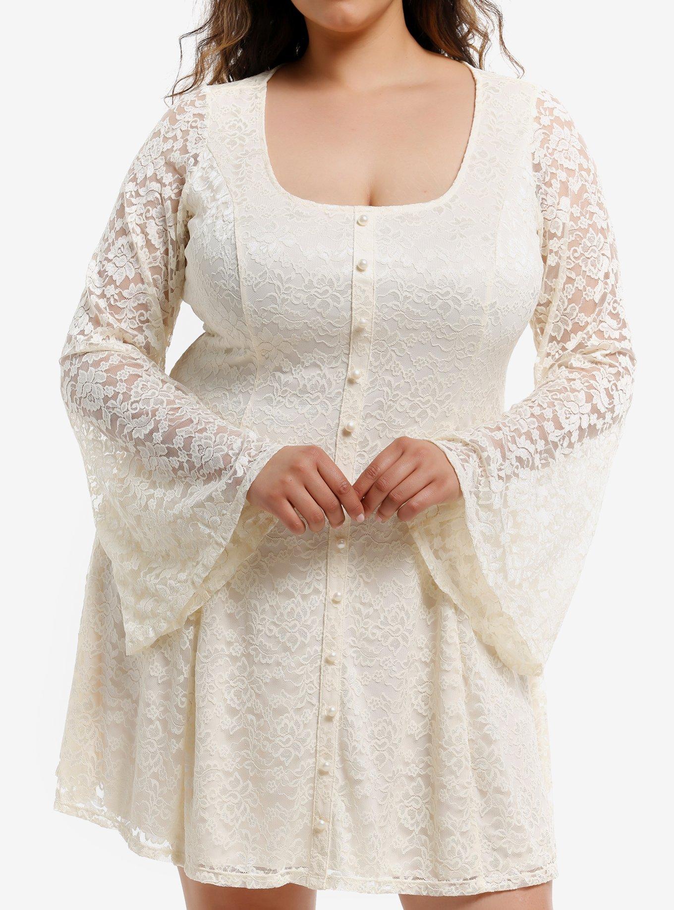 Thorn & Fable Cream Lace Bell Sleeve Dress Plus Size, , hi-res