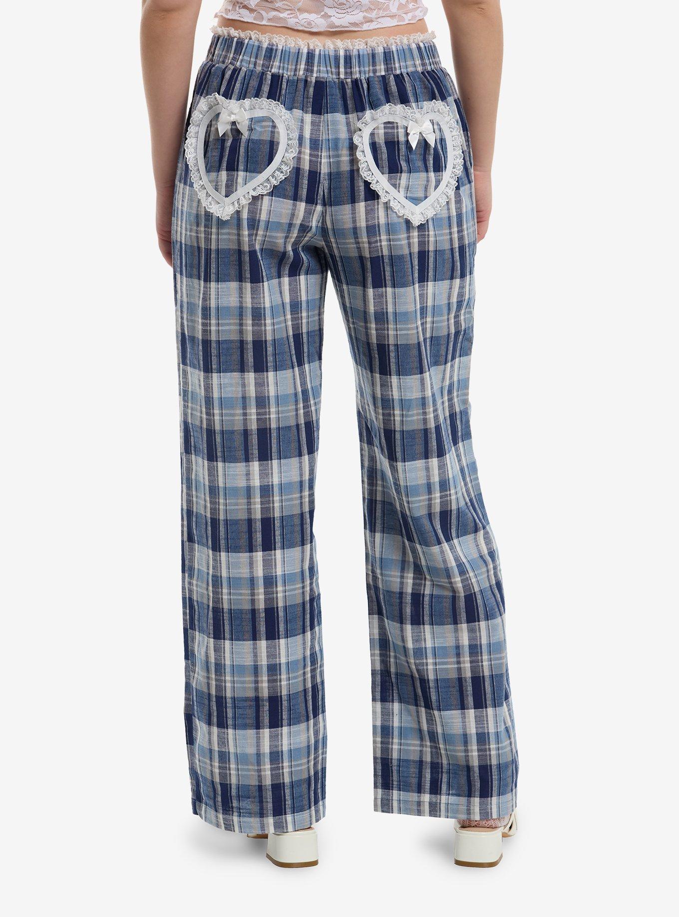 Sweet Society Blue Plaid Lace Heart Lounge Pants, , hi-res