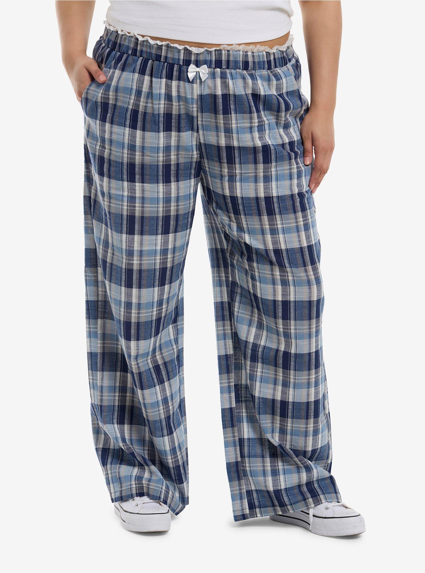 Sweet Society Blue Plaid Lace Heart Lounge Pants Plus Size, , hi-res