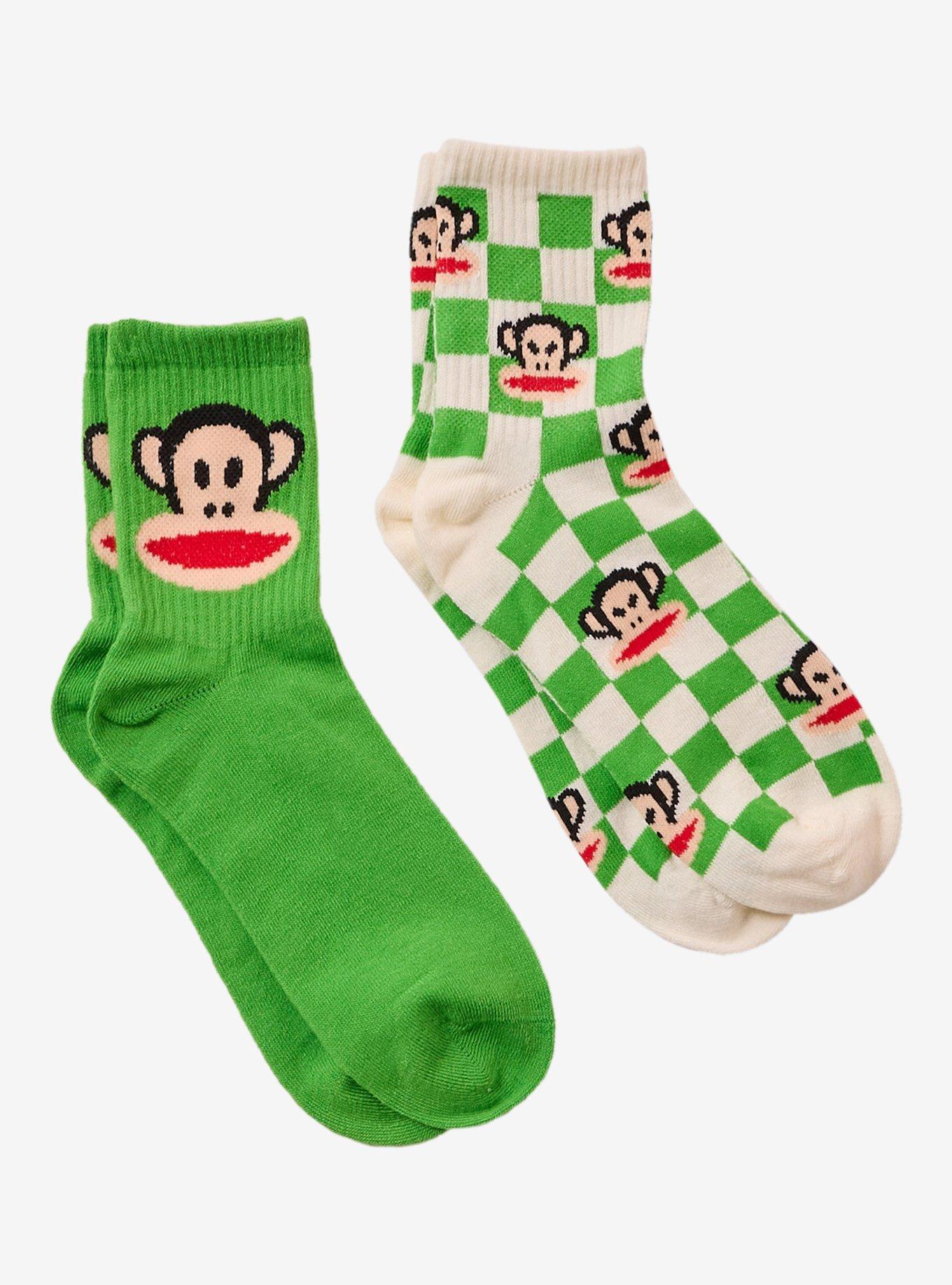 Paul Frank Monkey Green Checker Crew Socks 2 Pair, , hi-res