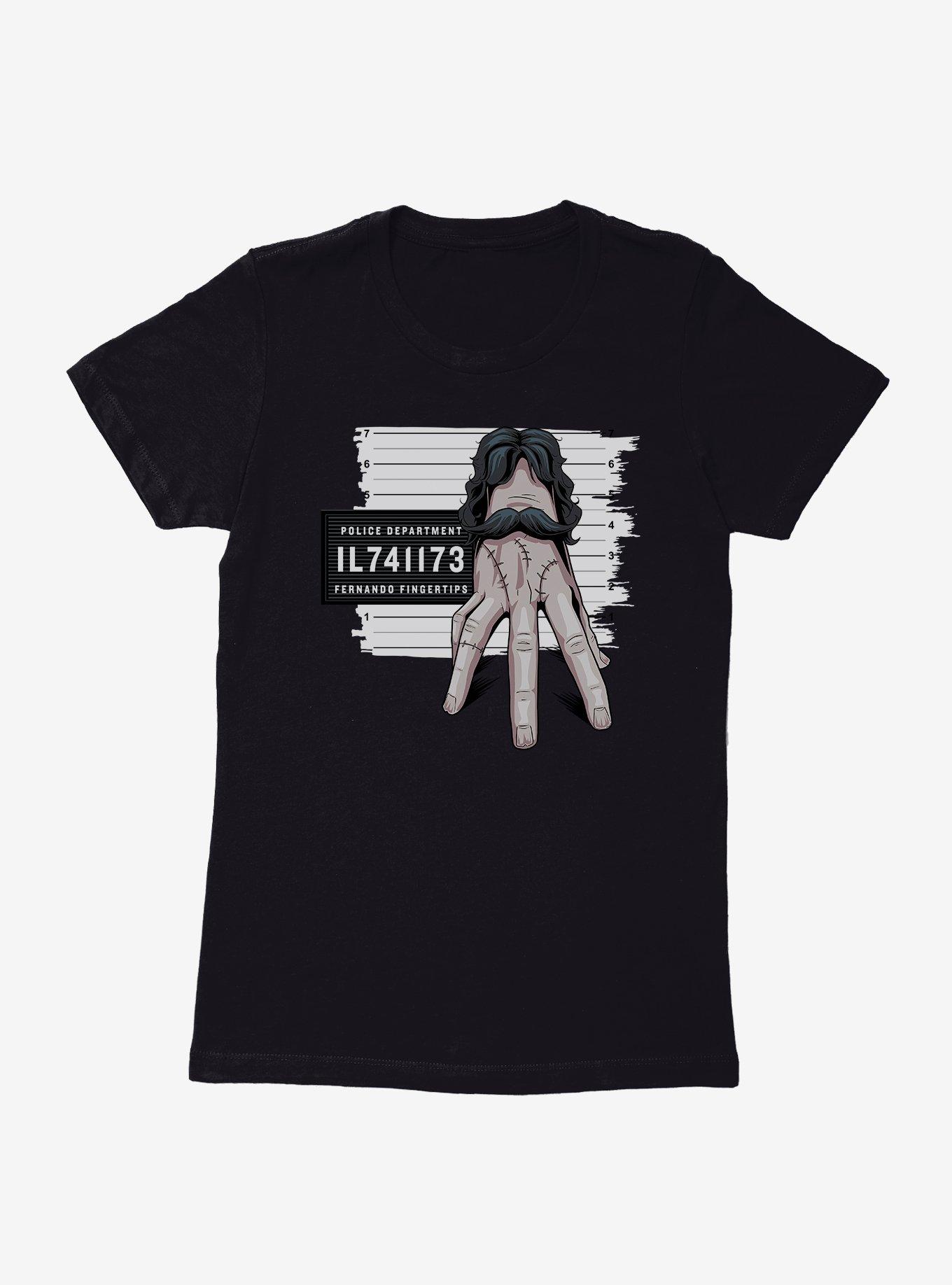 Wednesday Fernando Fingertips Mug Shot Womens T-Shirt, BLACK, hi-res