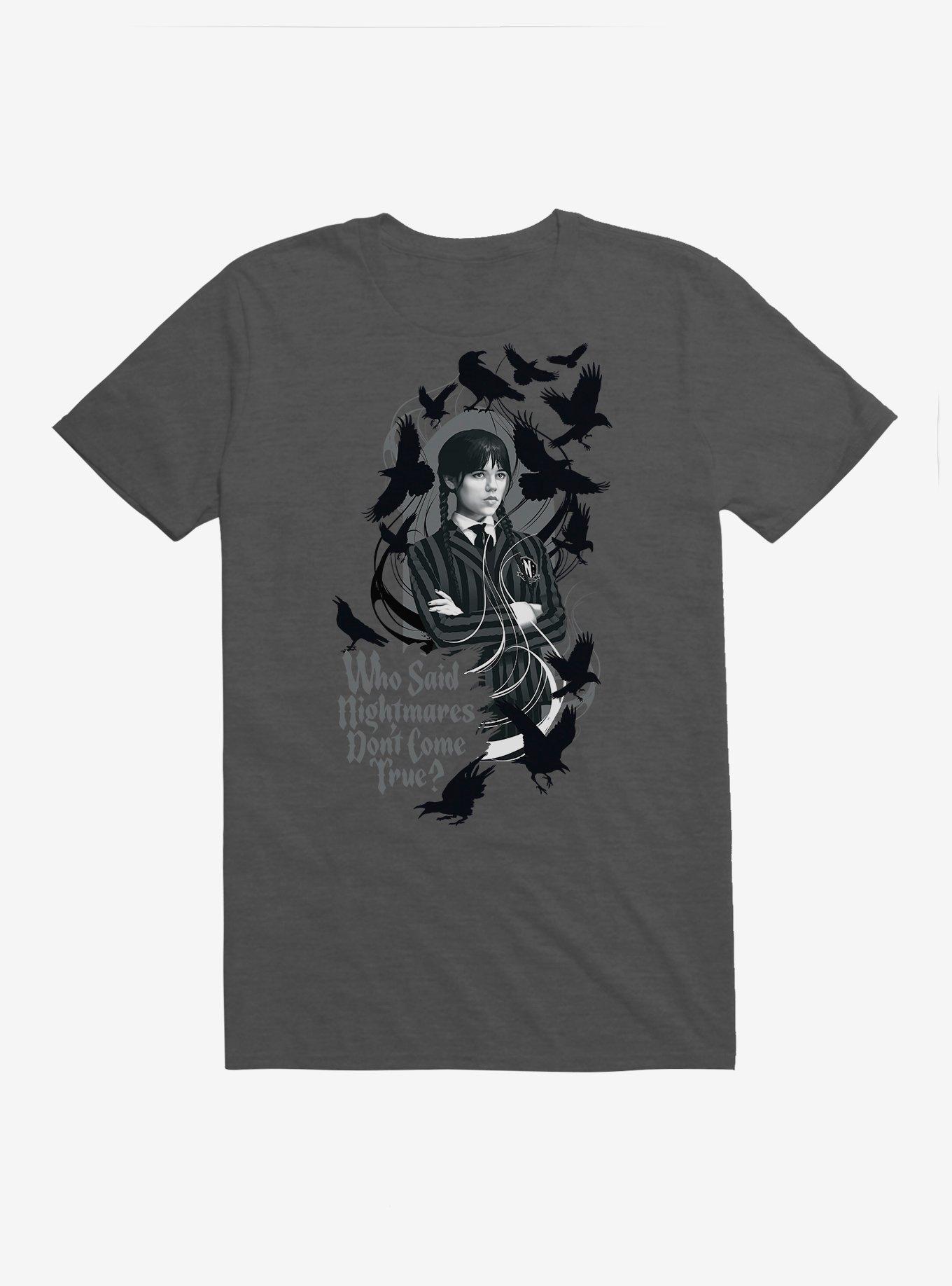 Wednesday Who Said Nightmares Don't Come True T-Shirt, DARK HEATHER, hi-res