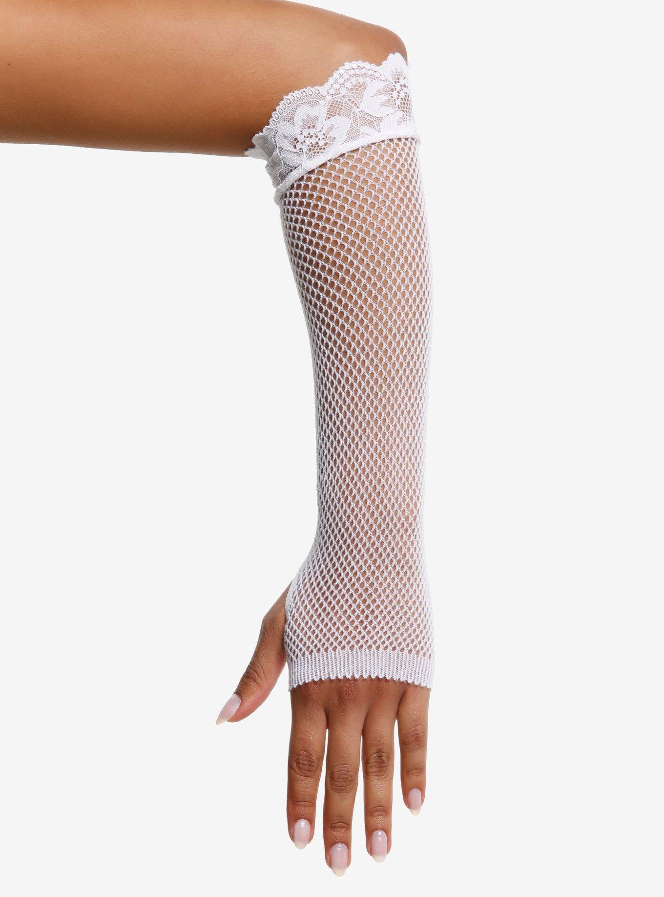 White Lace Trim Fishnet Arm Warmers, , hi-res