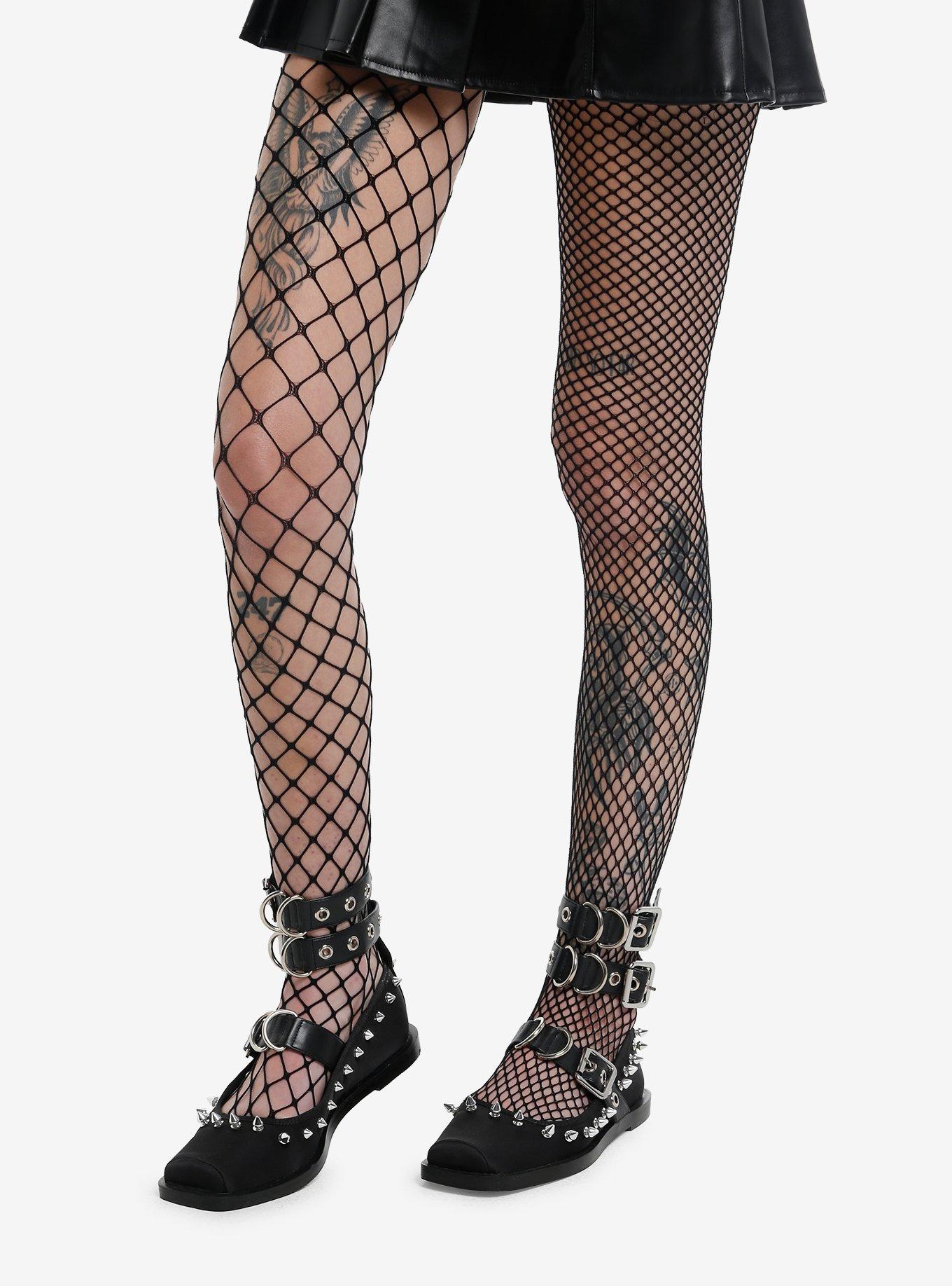 Black Small & Large Split Fishnet Tights, , hi-res