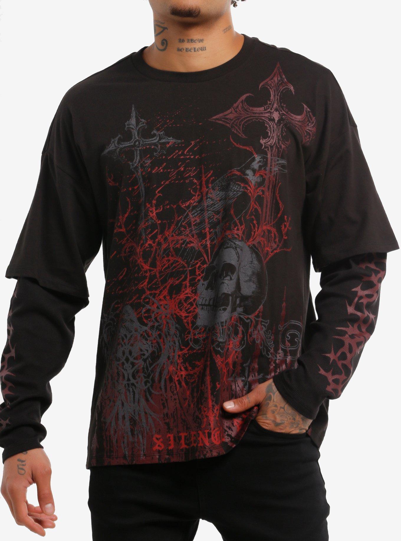 Black Skull & Gothic Cross Twofer Long-Sleeve T-Shirt, , hi-res