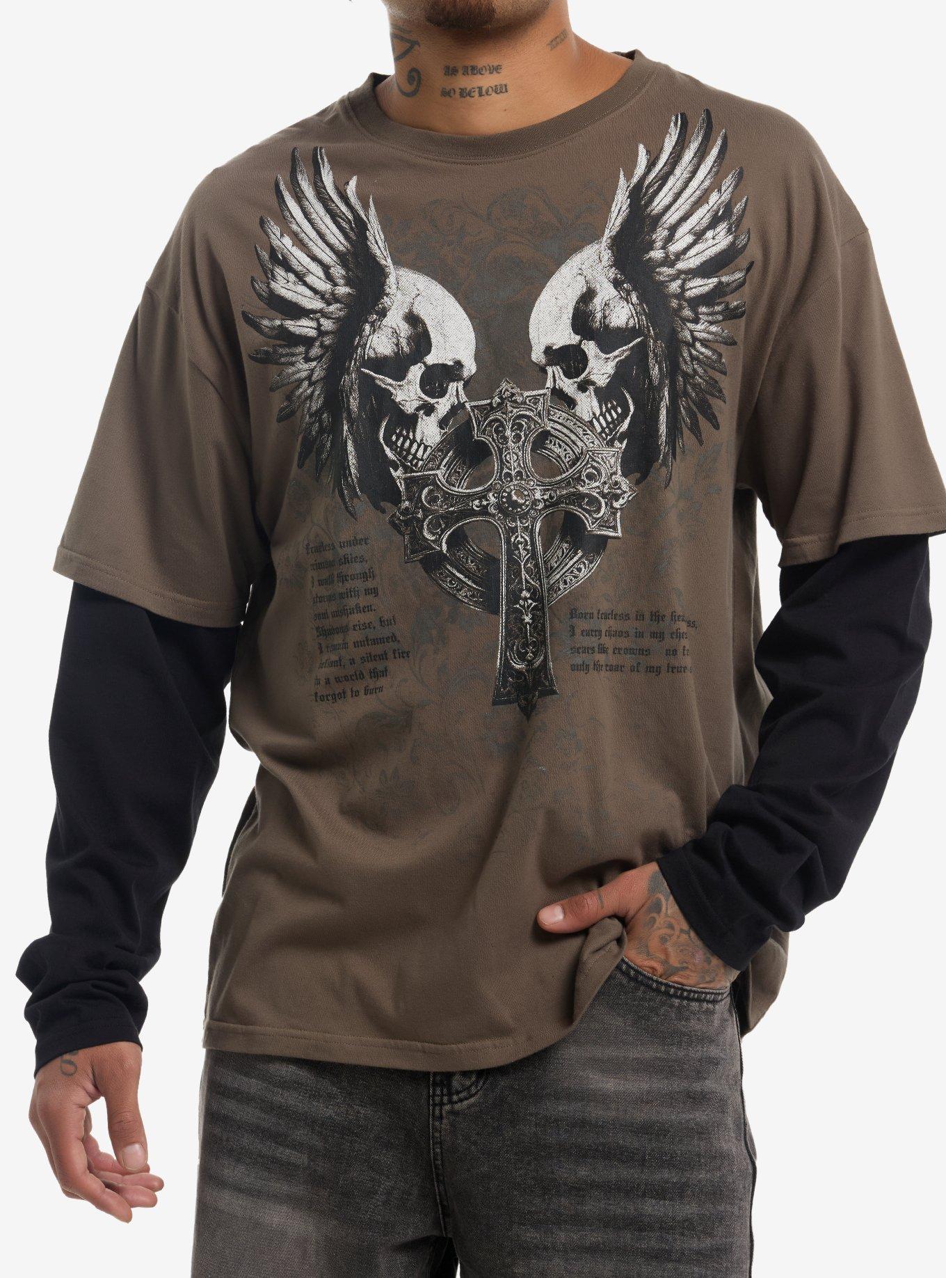 Winged Skull Cross Long-Sleeve Twofer | Hot Topic