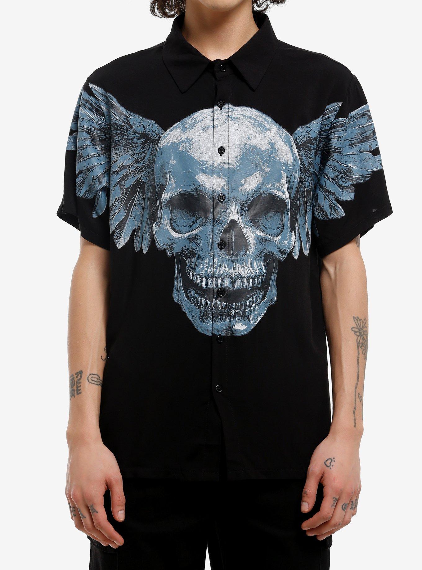 Winged Skull Woven Button-Up, , hi-res