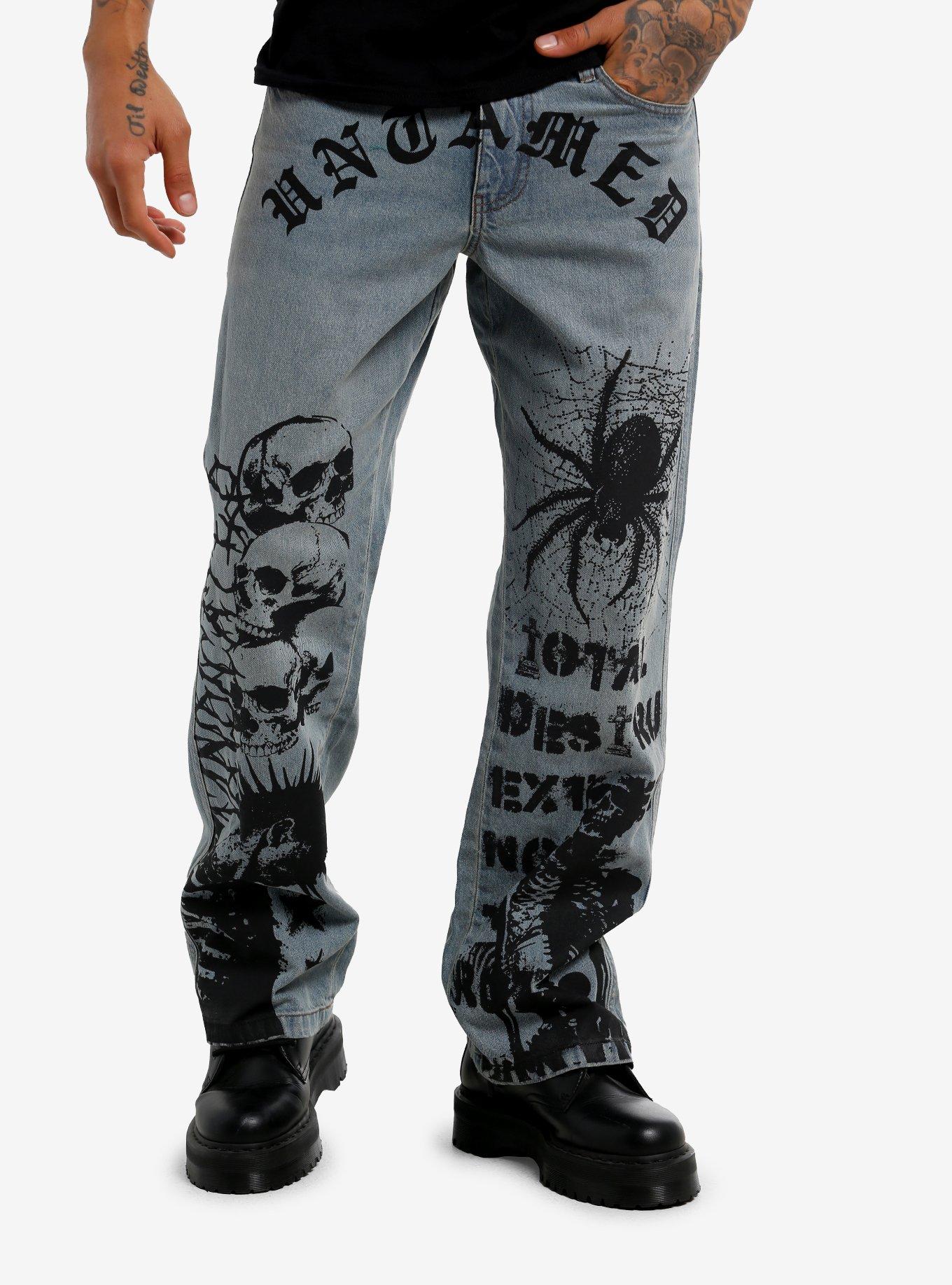 Light Wash Untamed Skull Spider Wide Leg Jeans, , hi-res