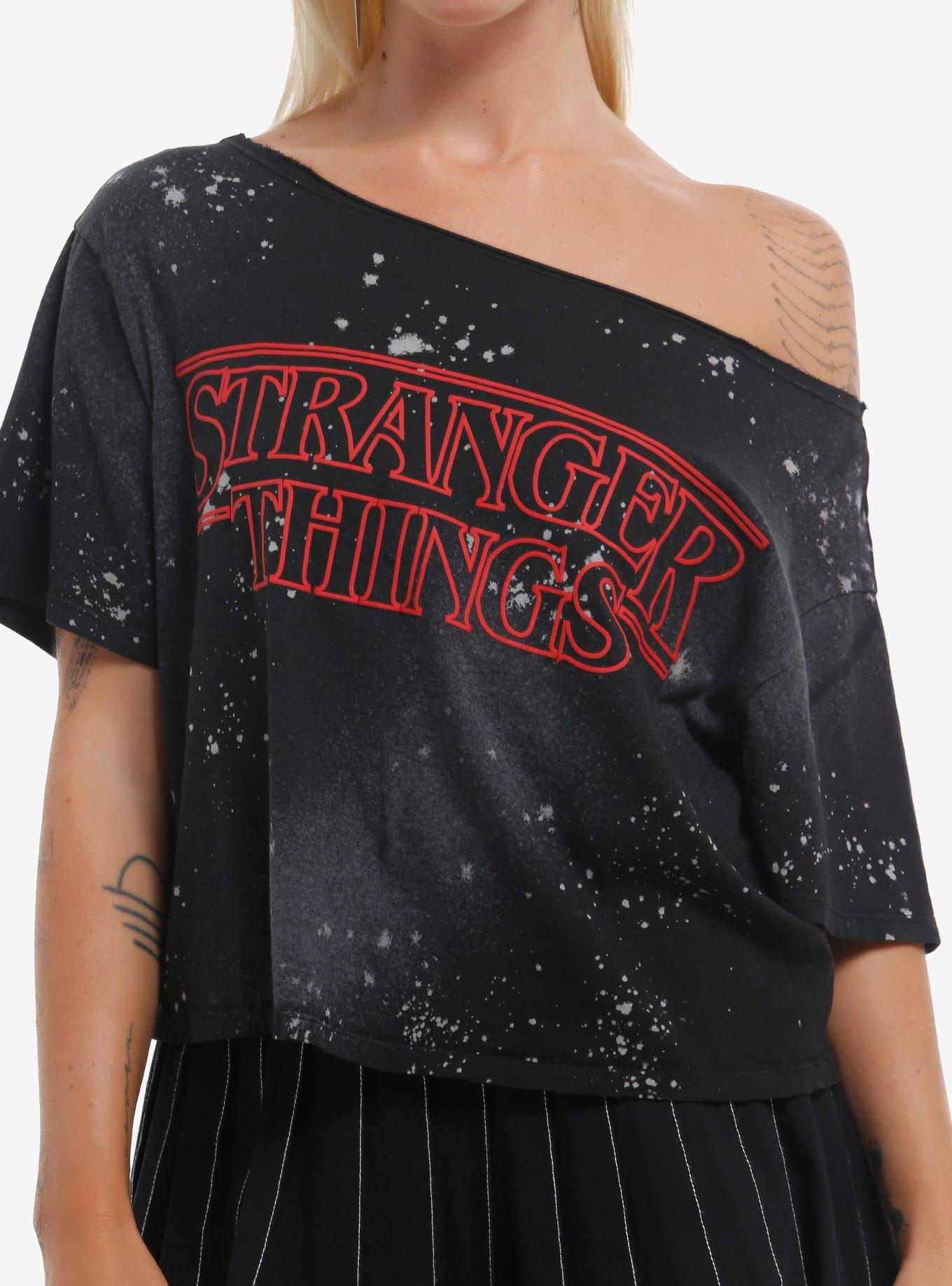 Stranger Things Logo Splatter Girls Off-Shoulder T-Shirt, , hi-res