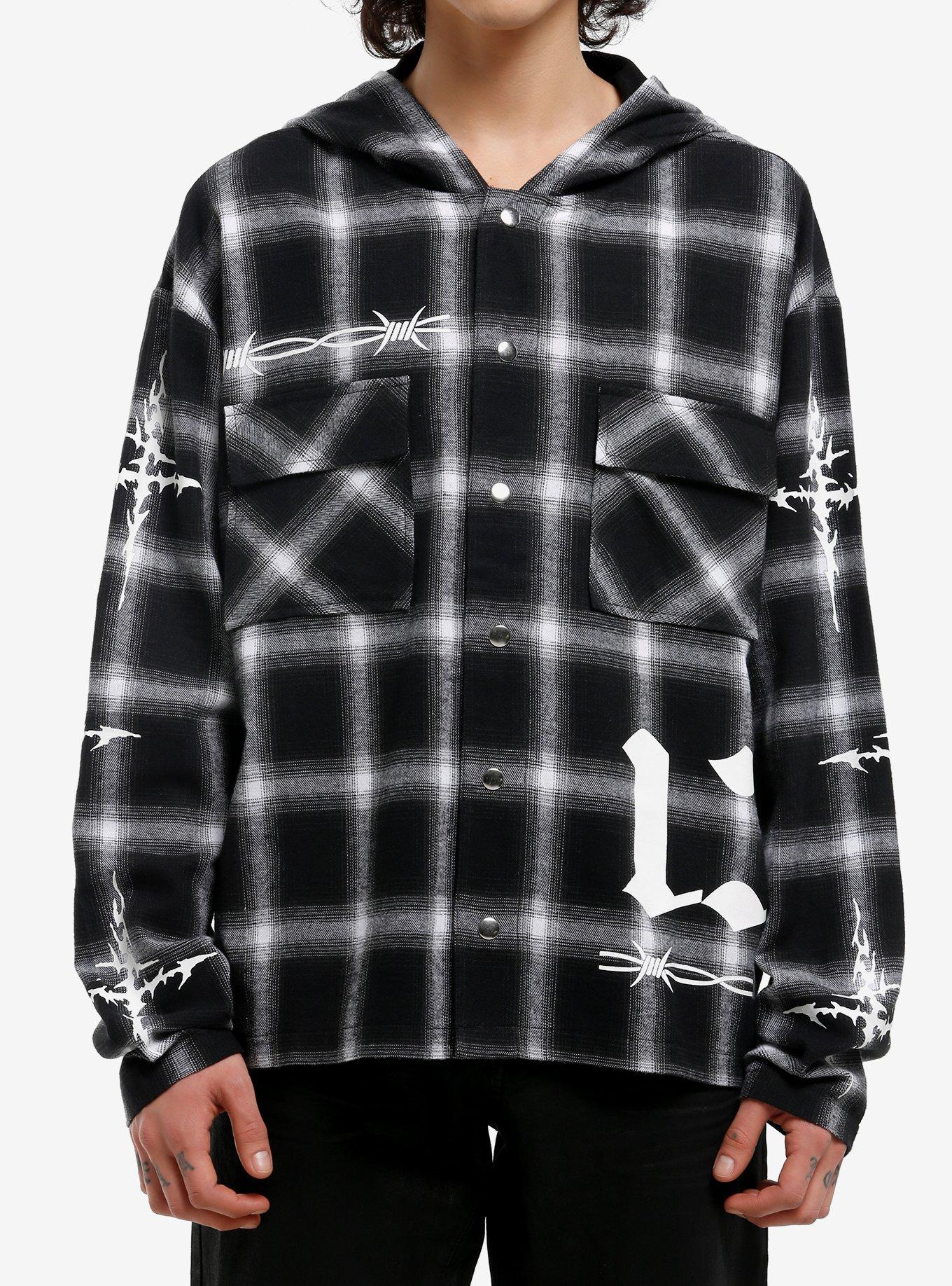 Black & White Grunge Icons Hooded Flannel, , hi-res