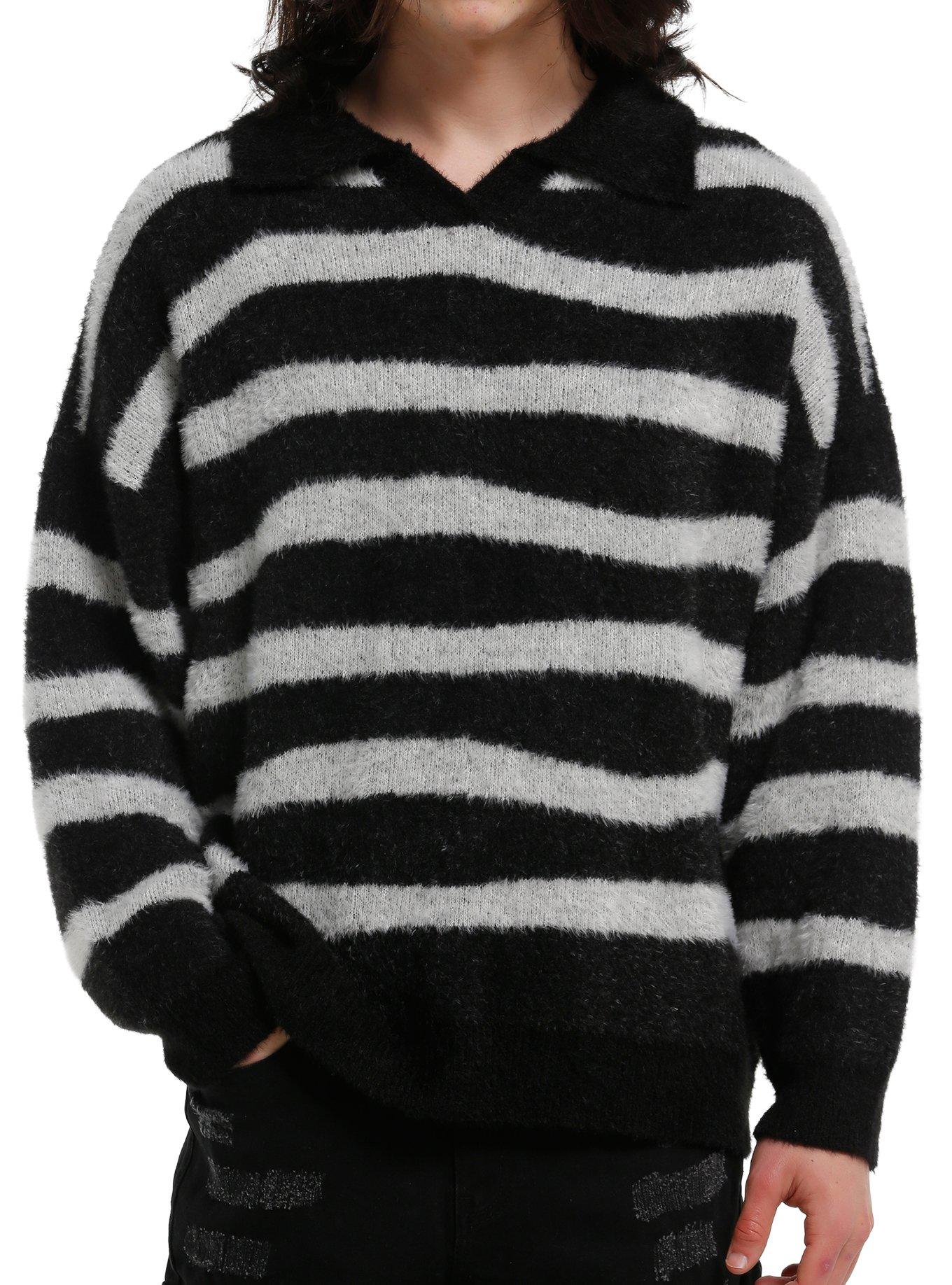 Black & Grey Stripe Fuzzy Collar Sweater, , hi-res